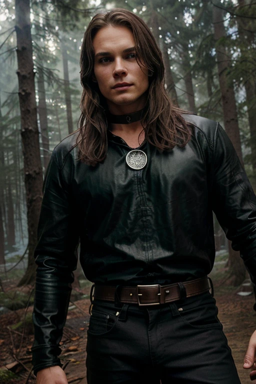 Pogue Parry, Taylor Kitsch, Teen Wolf, 18 years old, short and messy brown blonde hair, green eyes, gray shirt with black collar, black leather belt, silver moon pendant, black jeans background of foggy forest around in black.