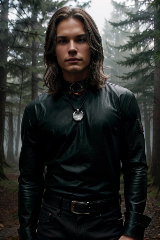 Pogue Parry, Taylor Kitsch, Wolf, 18 years old, short and messy brown blonde hair, green eyes, gray shirt with black collar, black leather belt, silver moon pendant, black jeans background of foggy forest around in black.