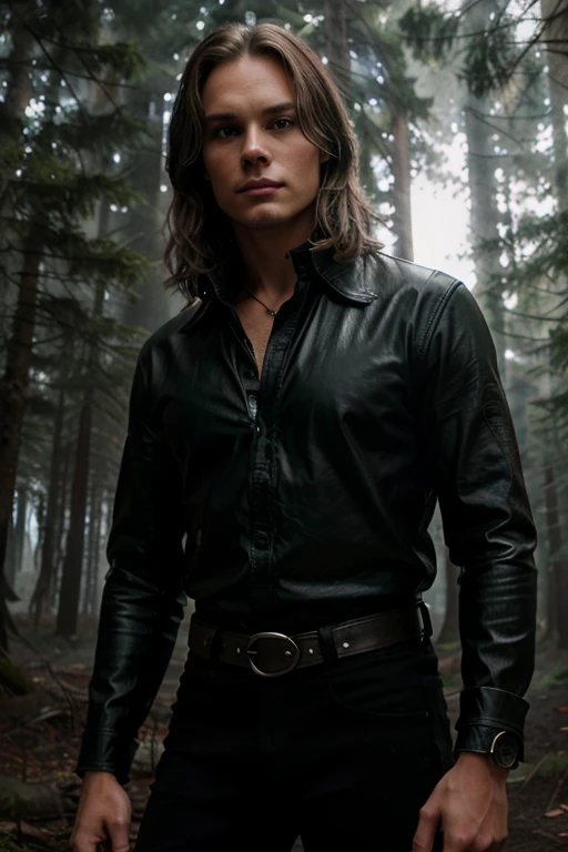 Pogue Parry, Taylor Kitsch, Teen Wolf, 18 years old, short and messy brown blonde hair, green eyes, gray shirt with black collar, black leather belt, silver moon pendant, black jeans background of foggy forest around in black.