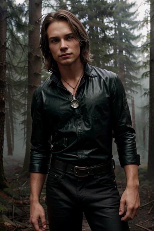 Pogue Parry, Taylor Kitsch, Teen Wolf, 18 years old, short and messy brown blonde hair, green eyes, gray shirt with black collar, black leather belt, silver moon pendant, black jeans background of foggy forest around in black.