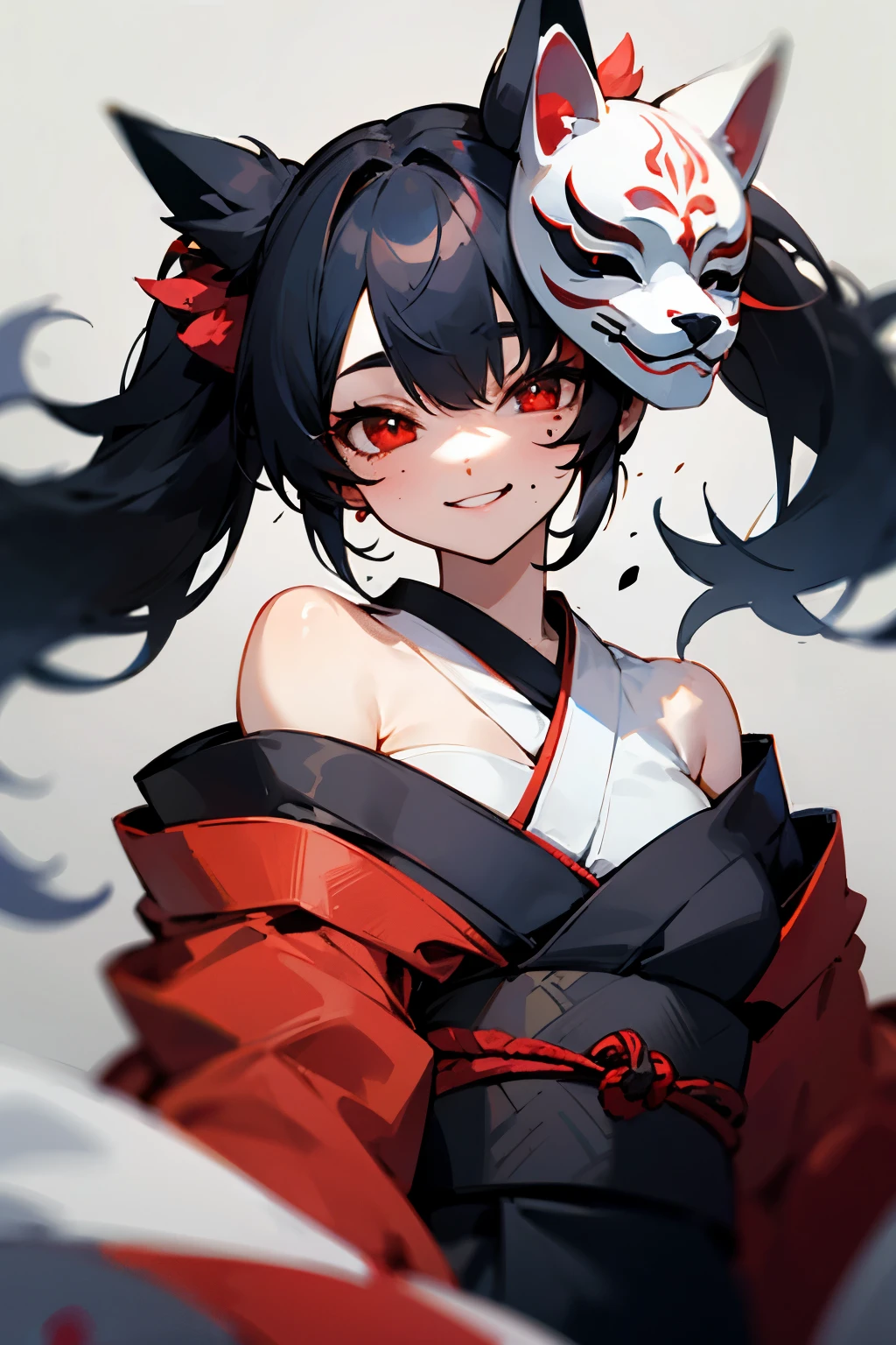 Black hair, long twin tails, fox mask, red kimono, off-shoulder, red eyes, moles under both eyes, girl, smiling