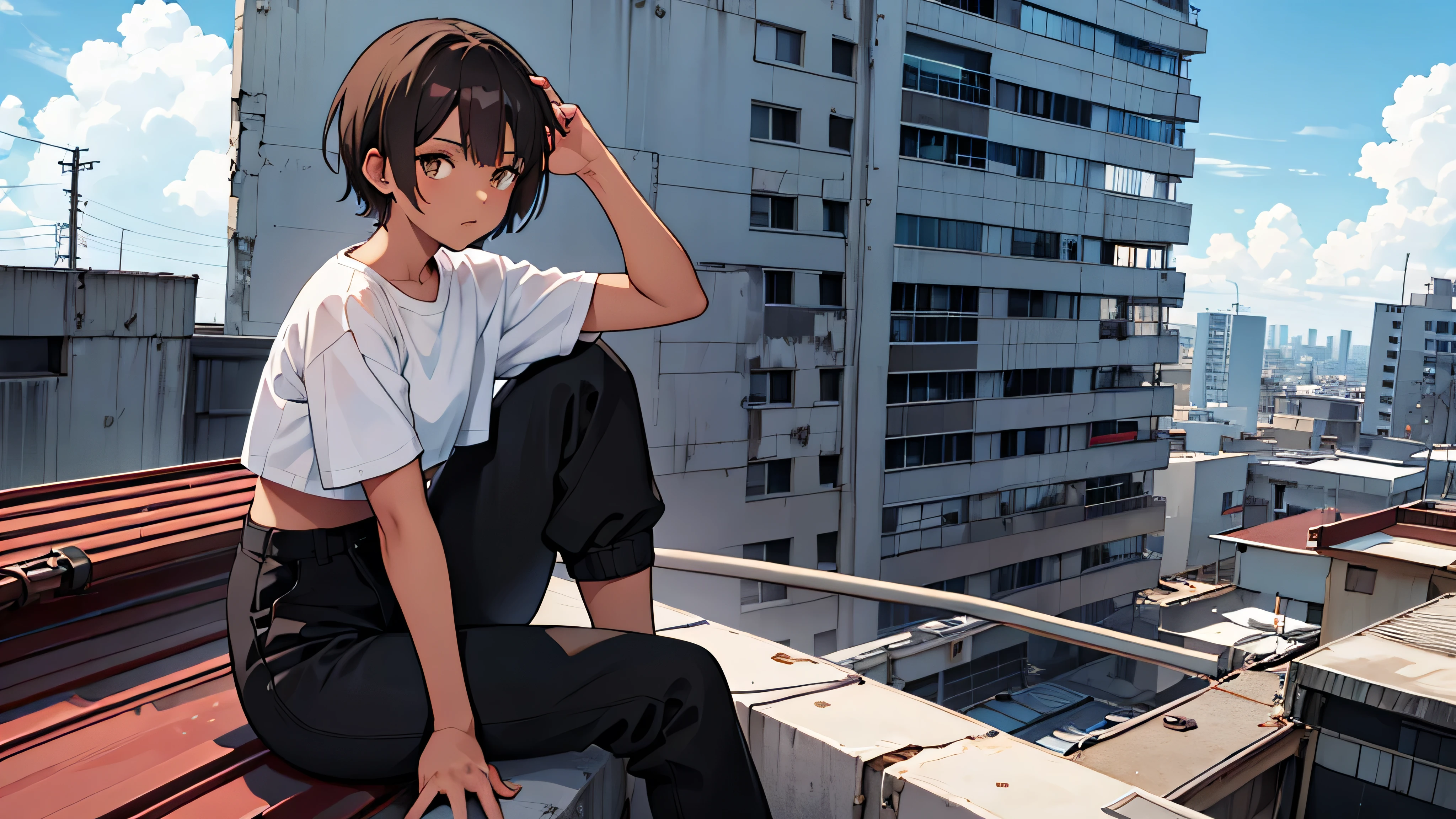 Brazilian girl, really short hair, tall, tomboy, dark-skinned, brown hair, grunge aesthetic, dark aesthetic, white crop-top, high-waisted black pants, white sneakers, stern, jujutsu kaisen, toned, sitting on building roof