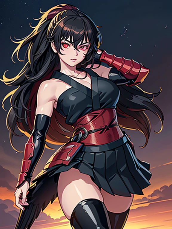 Anime, Girl, (((1girl))), (((Waifu, Raven Branwen, Raven Branwen Waifu))), (((Black Hair, Messy Hair))), ((Crimson Red Eyes eyes: 1.3, Upturned Eyes: 1, Perfect Eyes, Beautiful Detailed Eyes, Gradient eyes: 1, Finely Detailed Beautiful Eyes: 1, Symmetrical Eyes: 1, Big Highlight On Eyes: 1.2)), (((Lustrous Skin: 1.5, Bright Skin: 1.5, Skin Fair, Shiny Skin, Very Shiny Skin, Shiny Body, Plastic Glitter Skin, Exaggerated Shiny Skin, Illuminated Skin))), (Detailed Body, (Detailed Face)), Young, ta, (Best Quality), (((Bicep-high Gauntlets, Armored Boots, Thigh-high Heeled Boots, Armored Gauntlets))), (((Battle Kimono))), (((Skirt))), High Resolution, Sharp Focus, Ultra Detailed, Extremely Detailed, Extremely High Quality Artwork, (Realistic, Photorealistic: 1.37), 8k_Wallpaper, (Extremely Detailed CG 8k), (Very Fine 8K CG), ((Hyper Super Ultra Detailed Perfect Piece)), (((Flawless masterpiece))), Illustration, Vibrant Colors, (Intricate), High Contrast, Selective Lighting, Double Exposure, HDR (High Dynamic Range), Post-processing, Background Blur