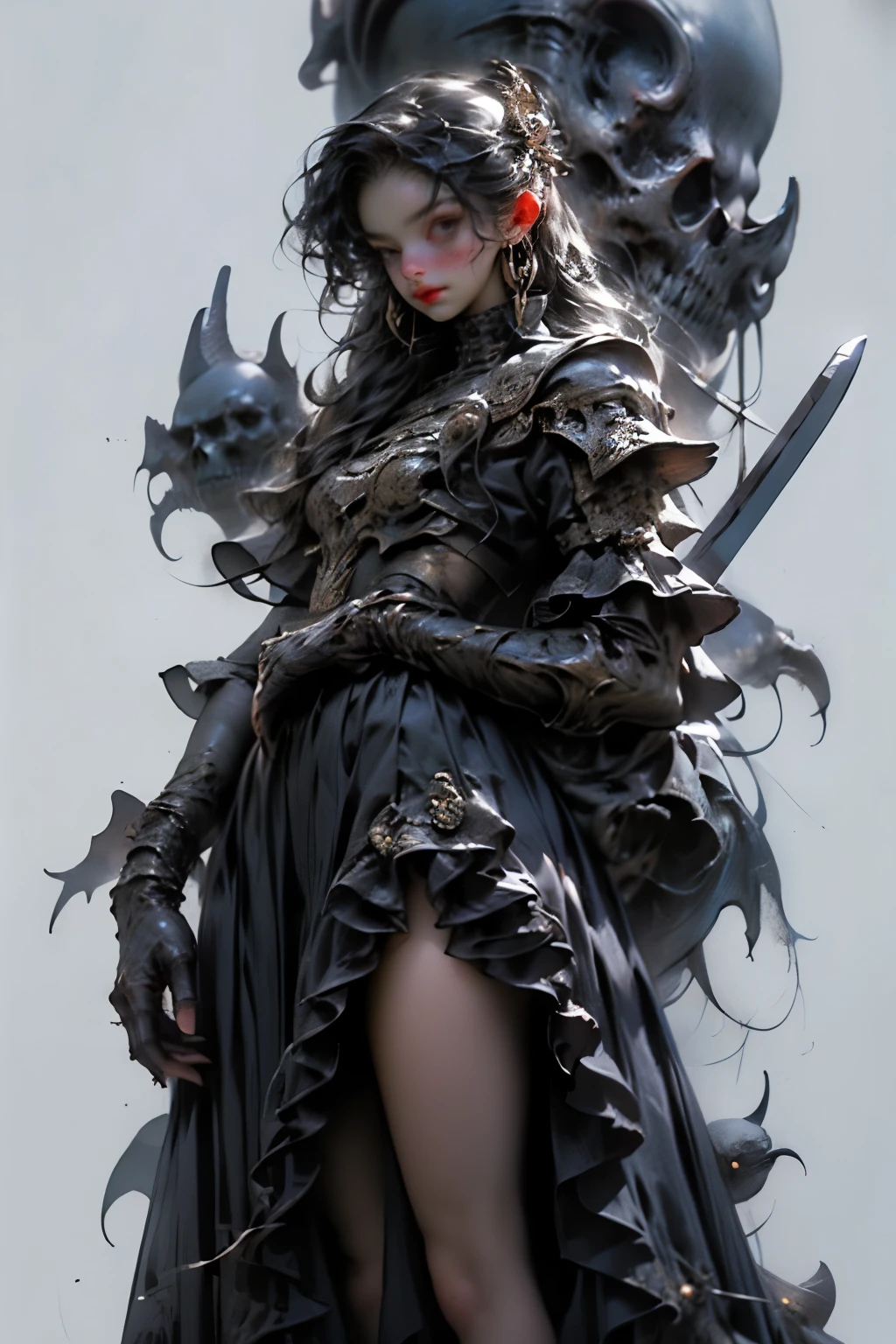 ((best quality)), ((masterpiece)), (detailed), perfect face ((best quality)), ((masterpiece)), (detailed), blank white background, plain background, white background, Bloodborne inspired, occult aesthetic, occult, detailed and intricate steampunk and detailed gothic, (zentangle, mandala, tangle, entangle), NSFW, torn clothing, Very dramatic and cinematic lighting, cosmic horror, grim-dark, side-lighting, perfect face, a beautiful goddess adorned and enshrined in armour, Bloodborne inspired , occult aesthetic , occult , detailed and intricate steampunk and detailed gothic , wielding a sword and holding a shield, NSFW, Fluttering lace flared short dress with frilly petticoats, knee length dress, pleated petticoats, ta dress, petticoats gothic loliside-lighting, gothic lolita aetic, beautiful small breasts, small breasts, full body, whole body, body, plain background, white background, blank background, no background, white background NSFW, full body, whole body, head-to-toe