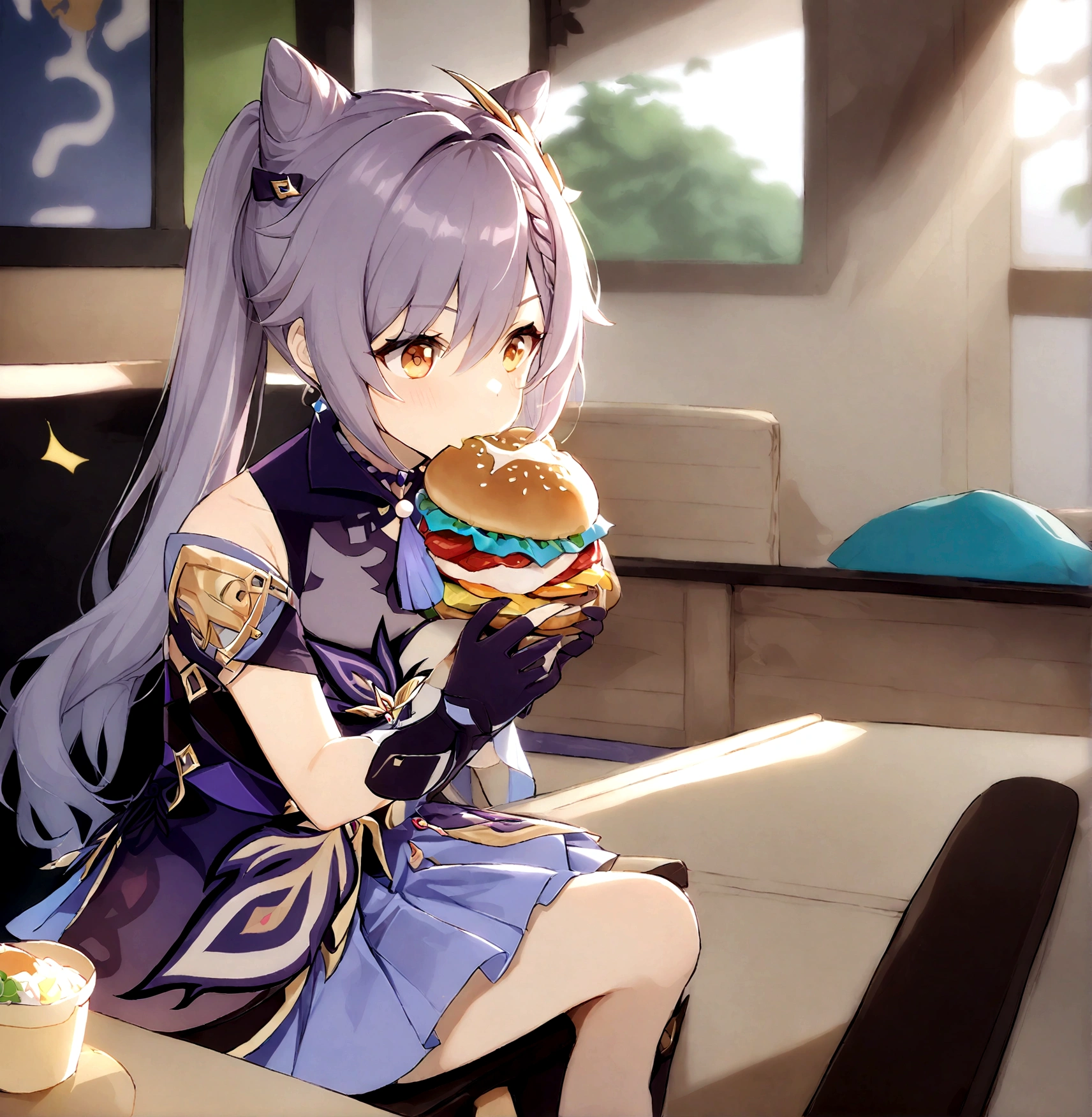 1girl, purple hair, hair ornament, twintails, cat ears hairstylem keqing, keqing, eating, sitting on right, BREAK 1boy, aether \(genshin impact\), male focus, solo, blonde hair, yellow eyes, ahoge, bangs, single braid, hair between eyes, sitting on left, eating burger