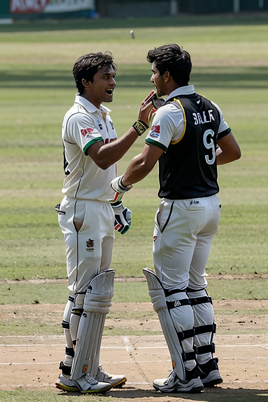 2 cricket player, roaring at each other, one named Bangladesh, other named Sri Lanka