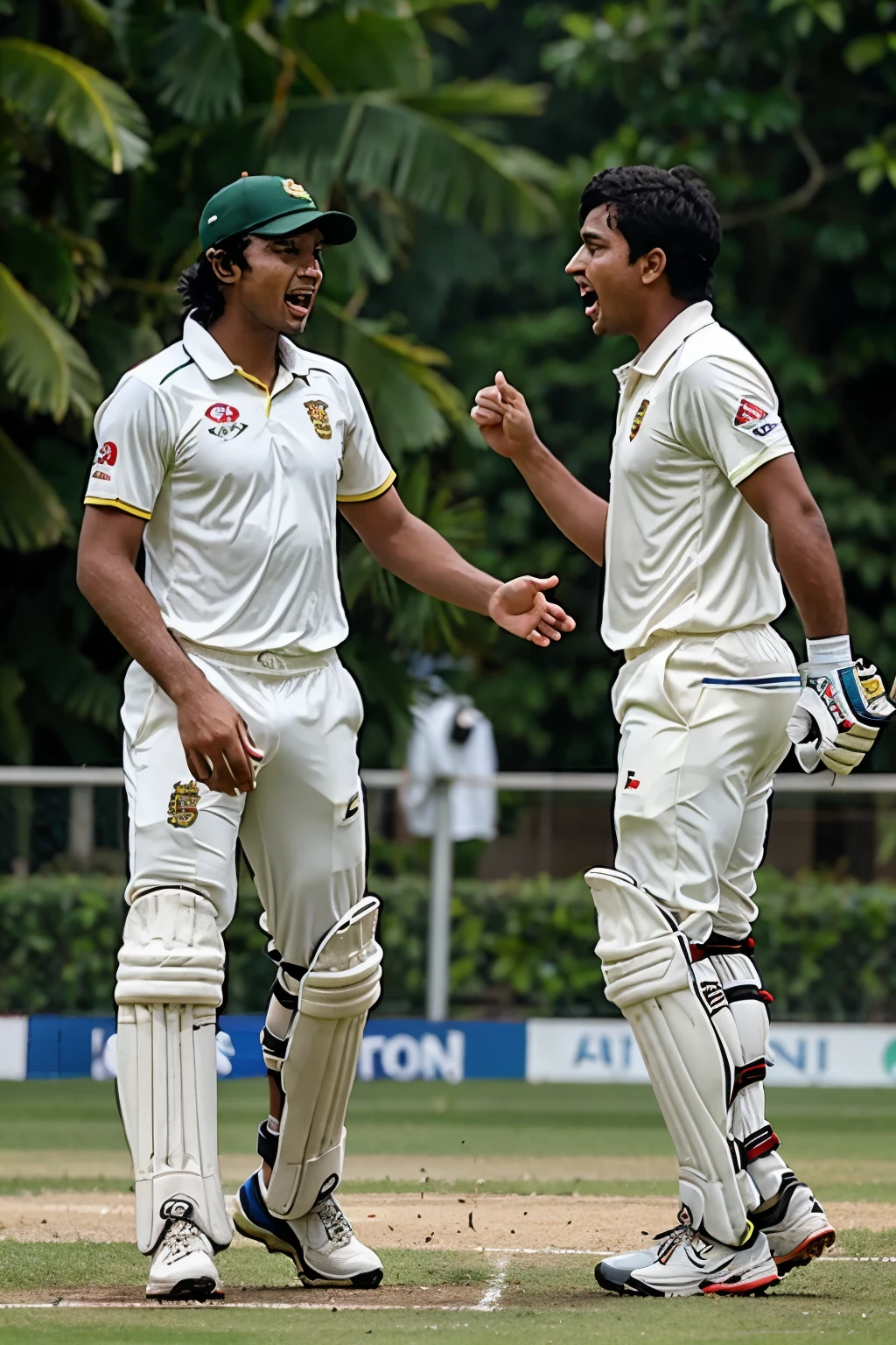2 cricket player, roaring at each other, one named Bangladesh, other named Sri Lanka