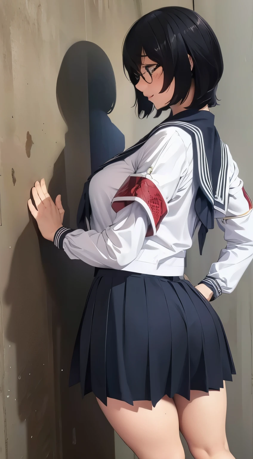 Suzuka, Atarashii gakko, black hair, glasses, white seifuku sleeved shirt, breasts, medium skirt, ass clenched, wedgie, socks, light blue ballet shoes, wallpaper, pinup, glancing, back of view, city background, lewd pose, bubble butt, full image, nice thighs, tight school skirt, wedgie, glancing