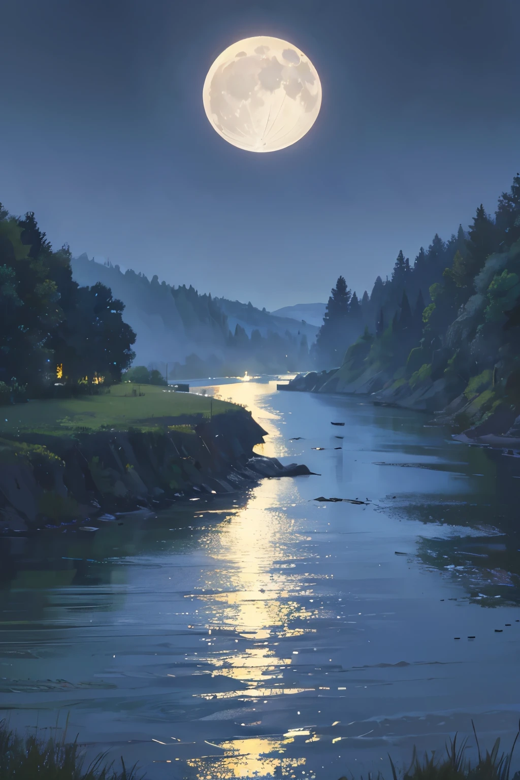 beautiful nature night river view hazy moon