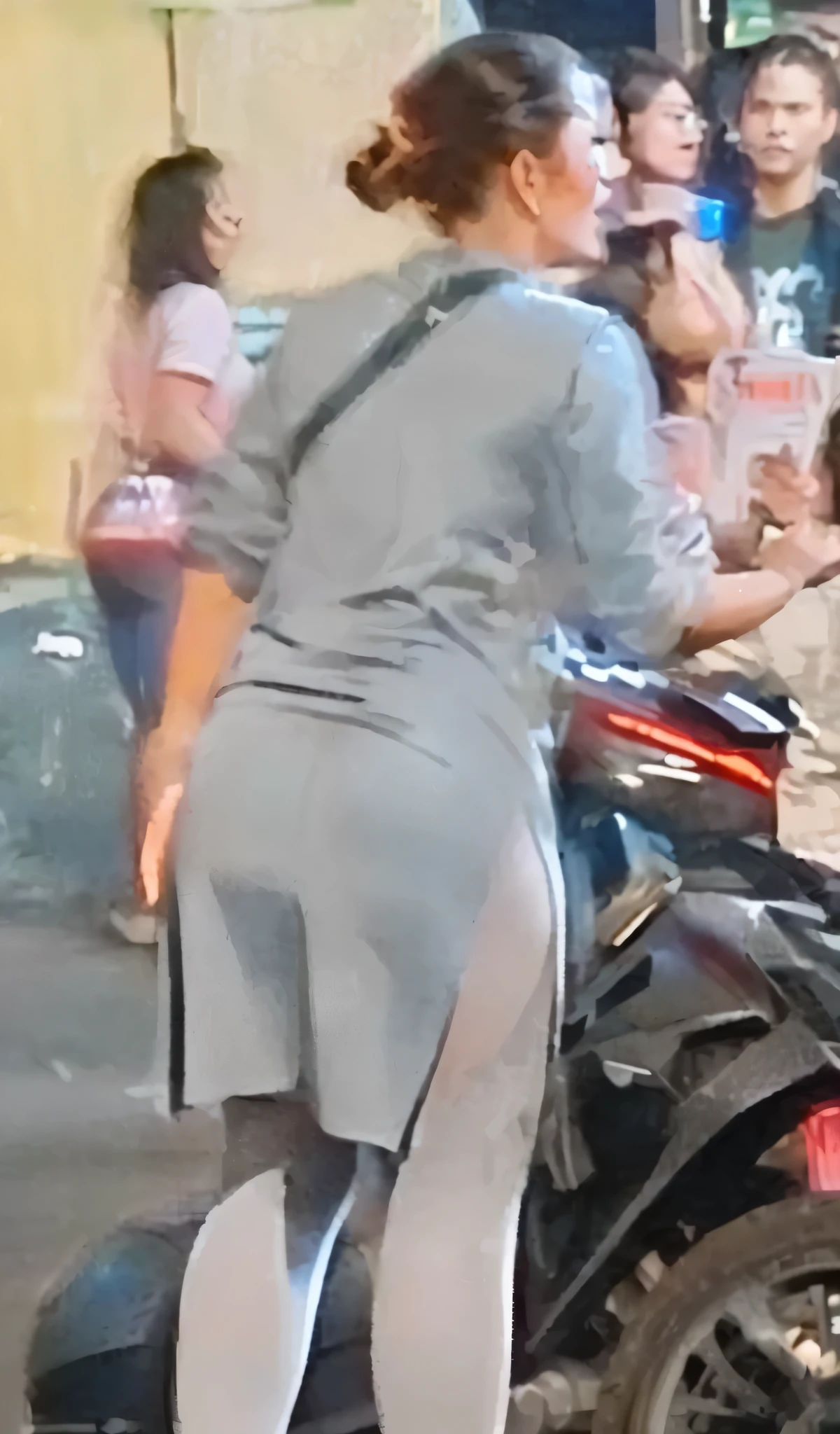 there is a woman standing next to a motorcycle with a on it, uhd candid photo of dirty, candid shot, candid photo, with his back turned, his back is turned, big booty, candid, candid picture, candid photograph, leaked photo, close-up shot from behind, bending over, shapely derriere, large thighs, thighs