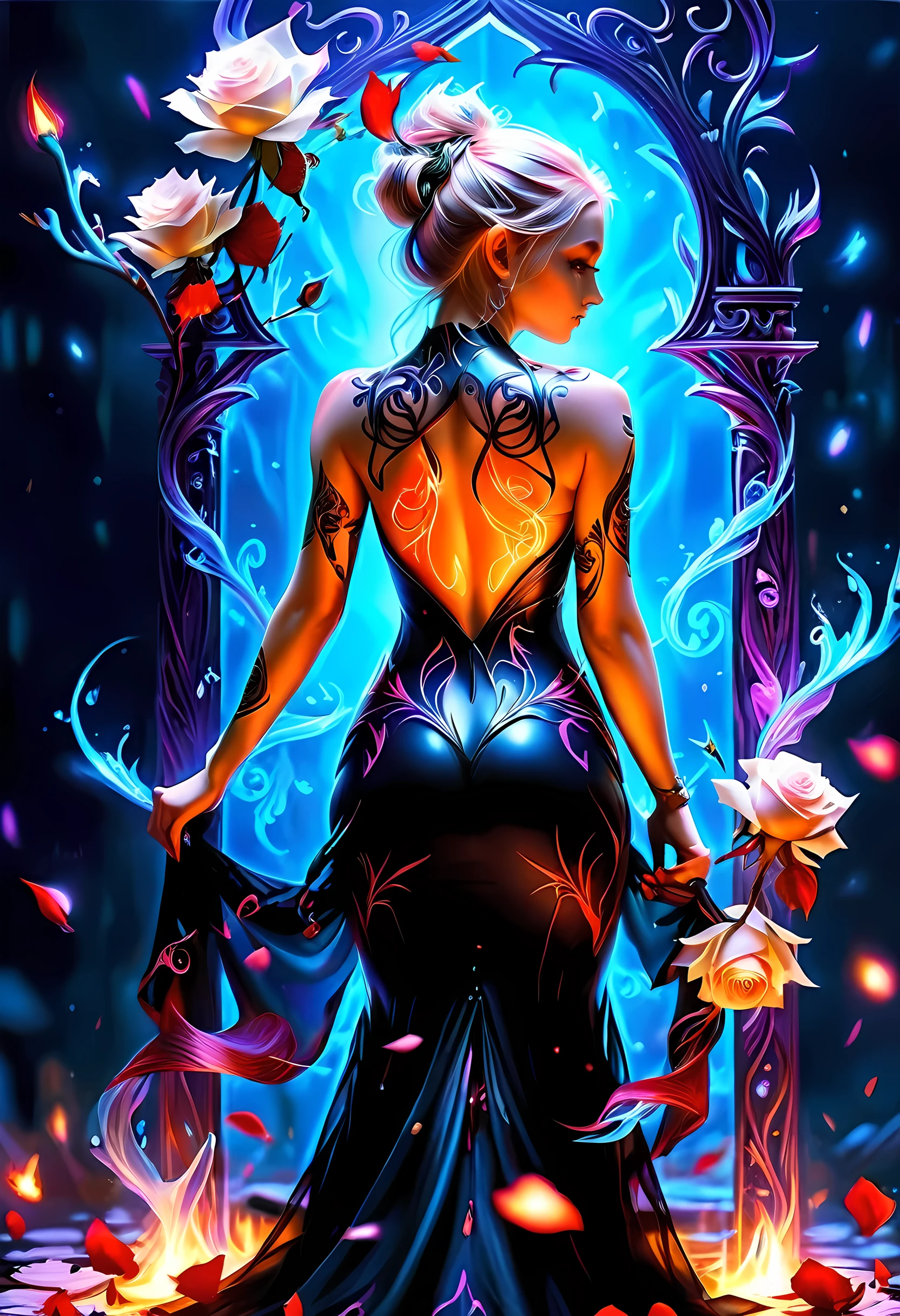 Arafed, Dark fantasy art, fantasy art, goth art, a picture of a tattoo on the back of a female elf, a glowing tattoo of a ((white rose: 1.3)) on the elf's back, the ((rose tattoo)) is vivid, intricate detailed coming to life from the ink to real life, GlowingRunesAI_purple, ((fire surrounds the rose petals: 1.5)), shot taken from the back, ((the back is visible: 1.3), she wears a transparent  black dress, bare back, the dress is elegant, flowing, elven style, that the (tattoos glow: 1.1), dynamic hair color, dynamic hair style, faize,roses, betmd
