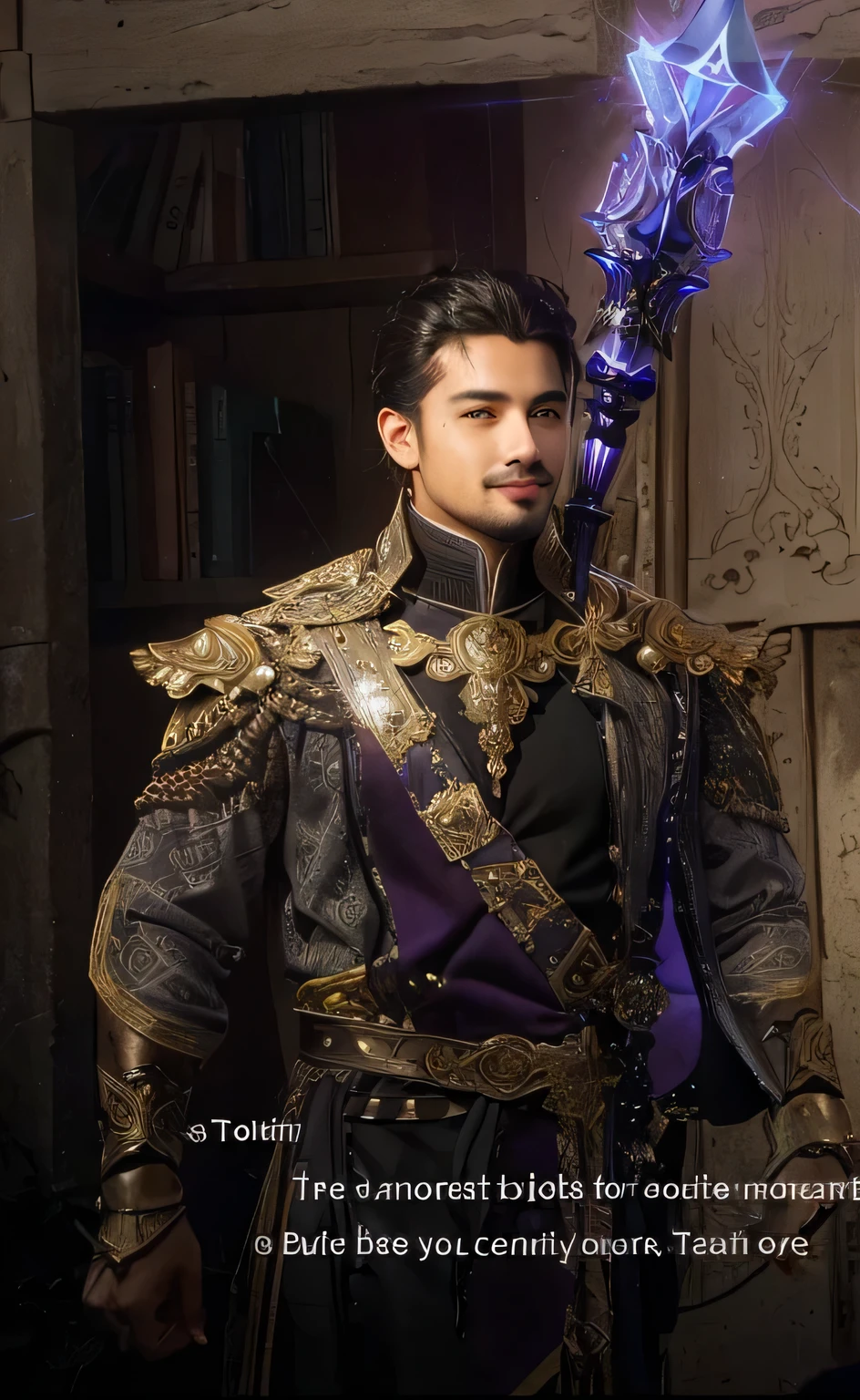  Latino man  tan skin handsome sorcerer  little smile violet lightning Scepter