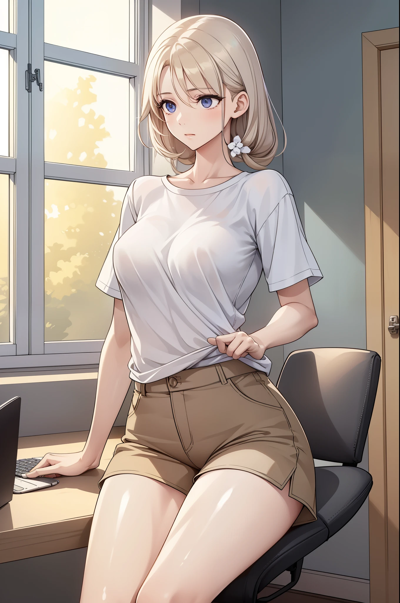 In a warm and quiet room Mali chose to wear a light white shirt that felt comfortable and slightly translucent. Along with dark colored shorts that are soft and flexible. I sit back and relax in my work chair. One leg crossed under the table Feel comfortable and can move easily.

Wearing shorts helps you feel cool and has  of movement. While working at the table My body felt relaxed and focused. Eyes staring at the computer screen As his fingers moved quickly to type a message.

The atmosphere in the room was filled with tranquility. There is light sunlight. Looking through the window Makes the room look warm and fresh. Choosing comfortable clothing allows you to be productive and feel good every day.