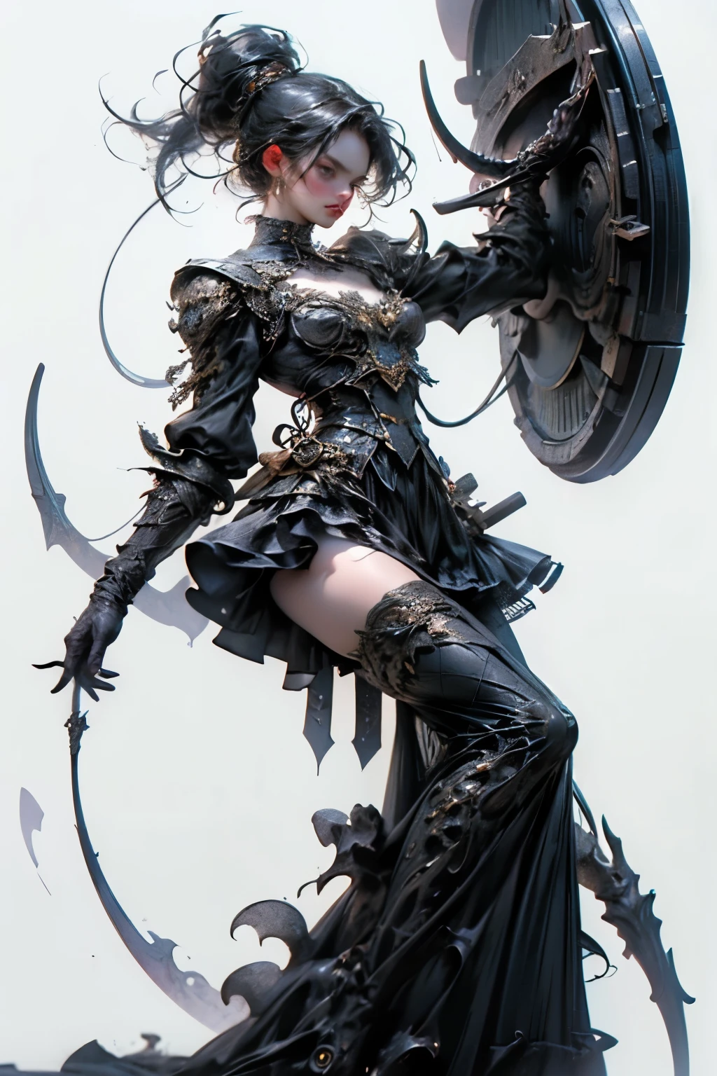 ((best quality)), ((masterpiece)), (detailed), perfect face ((best quality)), ((masterpiece)), (detailed), blank white background, plain background, white background, Bloodborne inspired, occult aesthetic, occult, detailed and intricate steampunk and detailed gothic, (zentangle, mandala, tangle, entangle), NSFW, torn clothing, Very dramatic and cinematic lighting, cosmic horror, grim-dark, side-lighting, perfect face, a beautiful goddess adorned and enshrined in armour, Bloodborne inspired , occult aesthetic , occult , detailed and intricate steampunk and detailed gothic , wielding a sword and holding a shield, NSFW, Fluttering lace flared short dress with frilly petticoats, knee length dress, pleated petticoats, lolita dress, petticoats gothic lolita, side-lighting, gothic lolita aesthetic, beautiful small breasts, small breasts, full body, whole body, body, plain background, white background, blank background, no background, white background NSFW, full body, whole body, head-to-toe
