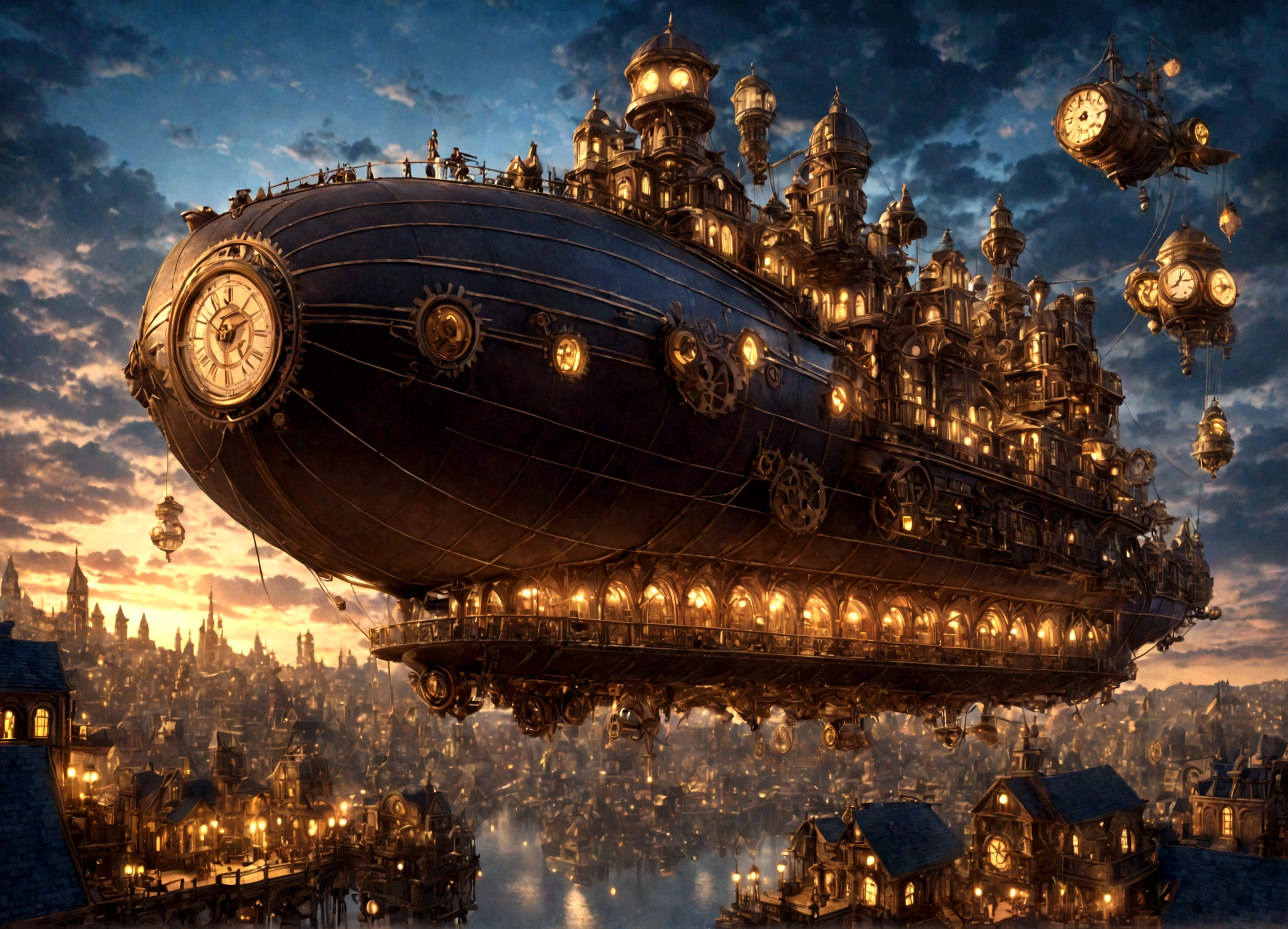 a beautiful clockwork airship city, steampunk, intricate gears and mechanisms, floating islands, copper and brass, glowing lights, dramatic skies, cinematic, ultra-detailed, 8k, photorealistic, professional rendering, vibrant colors, dramatic lighting