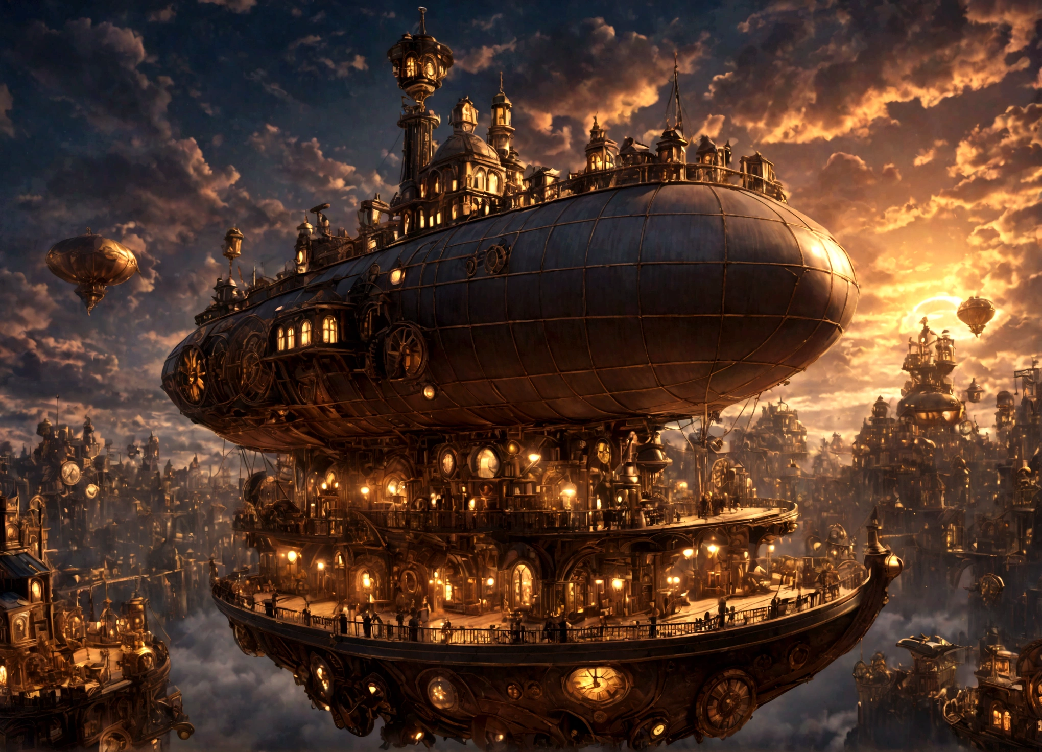 a beautiful clockwork airship city, steampunk, intricate gears and mechanisms, floating islands, copper and brass, glowing lights, dramatic skies, cinematic, ultra-detailed, 8k, photorealistic, professional rendering, vibrant colors, dramatic lighting