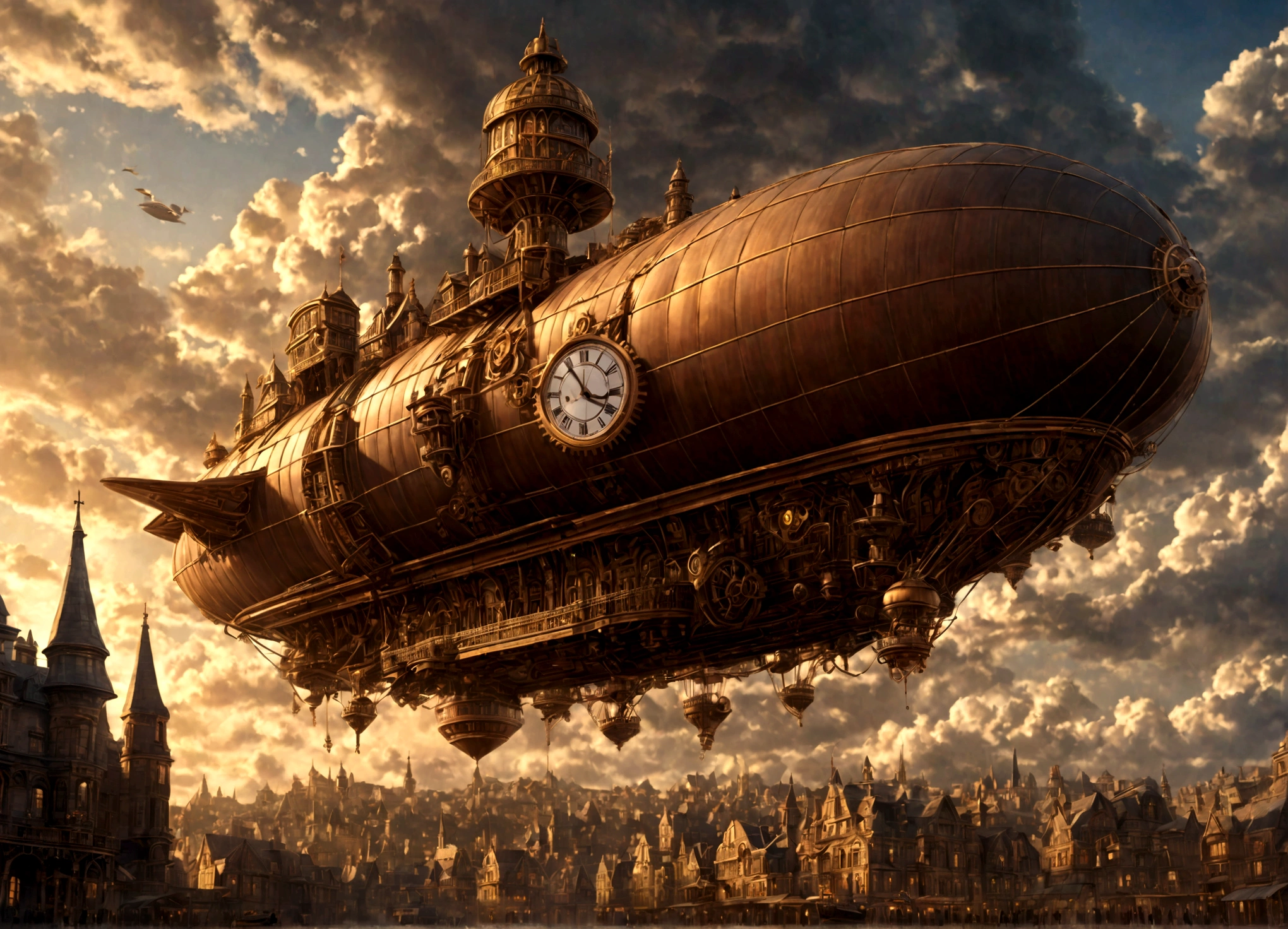detailed steampunk clockwork airship city, beautiful intricate brass and copper gears, massive airships with glowing engines, airborne Victorian architecture, dramatic cloudy sky, warm golden lighting, cinematic composition, highly detailed, 8k, realistic, photorealistic, masterpiece
