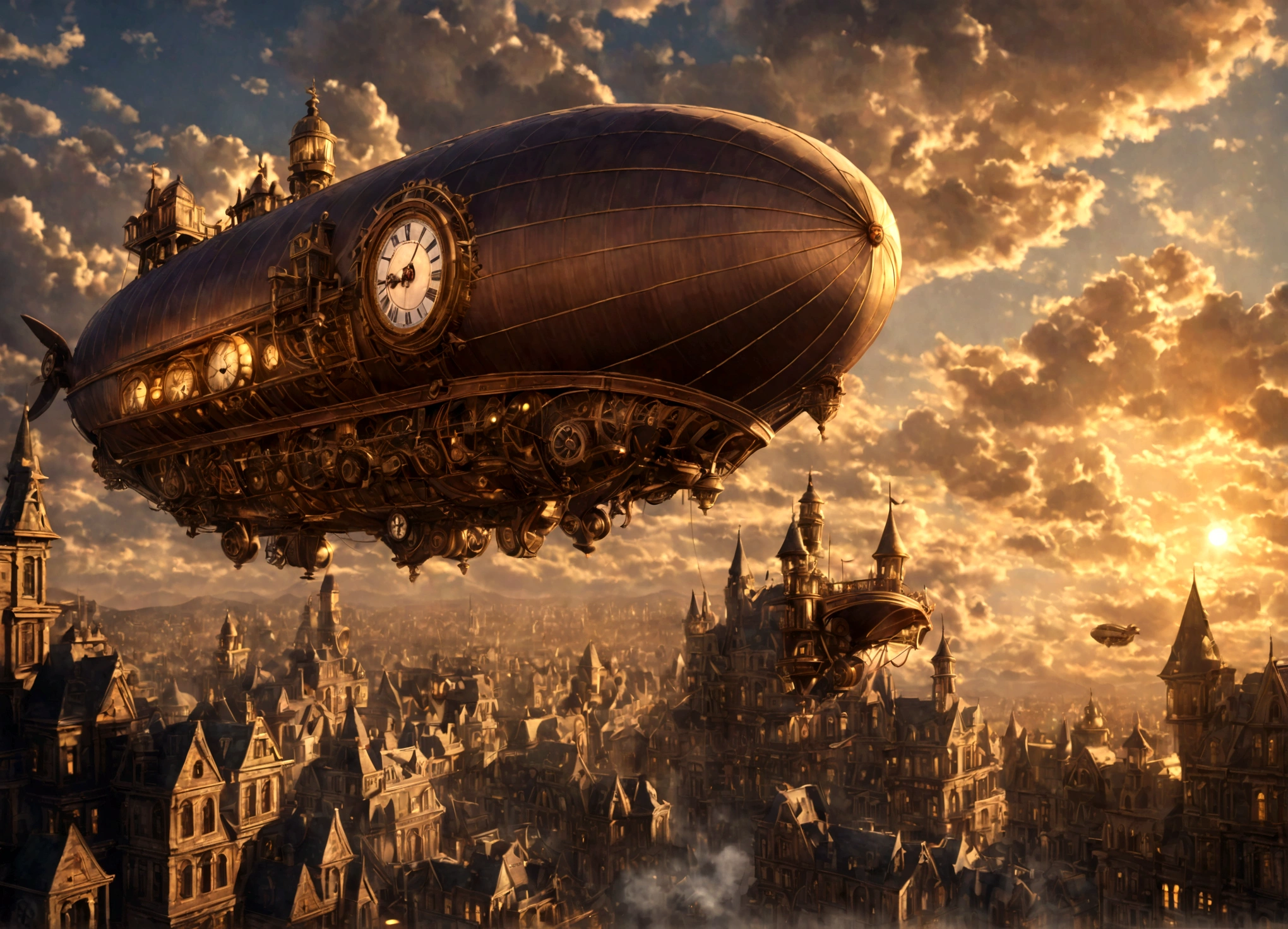 detailed steampunk clockwork airship city, beautiful intricate brass and copper gears, massive airships with glowing engines, airborne Victorian architecture, dramatic cloudy sky, warm golden lighting, cinematic composition, highly detailed, 8k, realistic, photorealistic, masterpiece