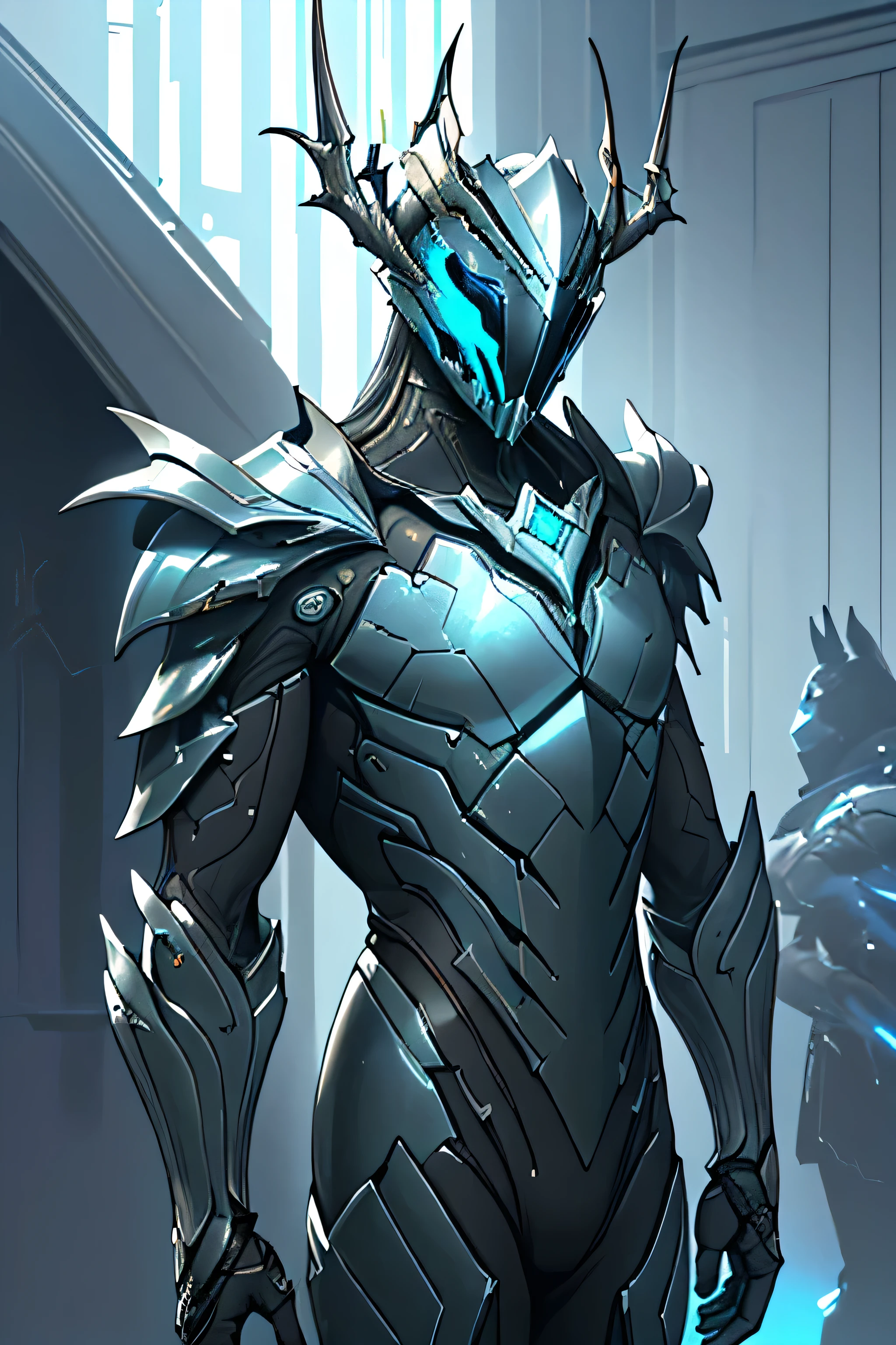 (masterpiece:1.2), best quality, high resolution, Unity 8k Wallpaper, (illustration:1.0), Beautiful and detailed, Very detailed, Perfect lighting, Very detailed CG,Luminescence eyes,Backlight, , armor, Forged_trumpet, Luminescence, full_armor,Warframe,human creature_,trumpet,helmet,mask,sample_background,arms, monster, blue_armor,, Looking at the audience,Solitary,view,