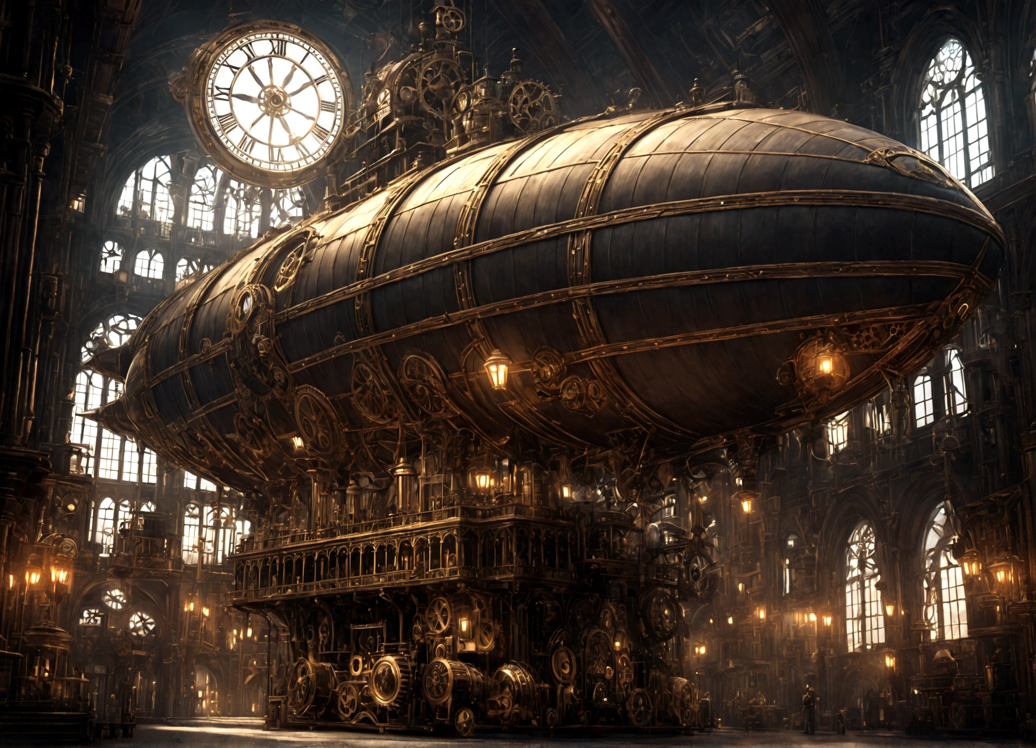 a beautiful clockwork airship city, intricate clockwork mechanisms, gears and cogs, floating airships, victorian architecture, copper and brass accents, glowing windows, moody lighting, dramatic lighting, cinematic atmosphere, steampunk aesthetic, detailed textures, highly detailed, 8k, photorealistic, masterpiece, professional digital art