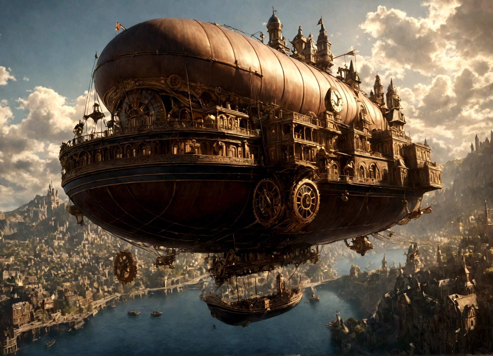 A beautiful clockwork airship city, steampunk, intricate gears and mechanisms, floating island city, airships, victorian era, brass and copper details, warm color palette, cinematic lighting, dramatic shadows, highly detailed, photorealistic, 8k, (best quality,4k,8k,highres,masterpiece:1.2),ultra-detailed,(realistic,photorealistic,photo-realistic:1.37)