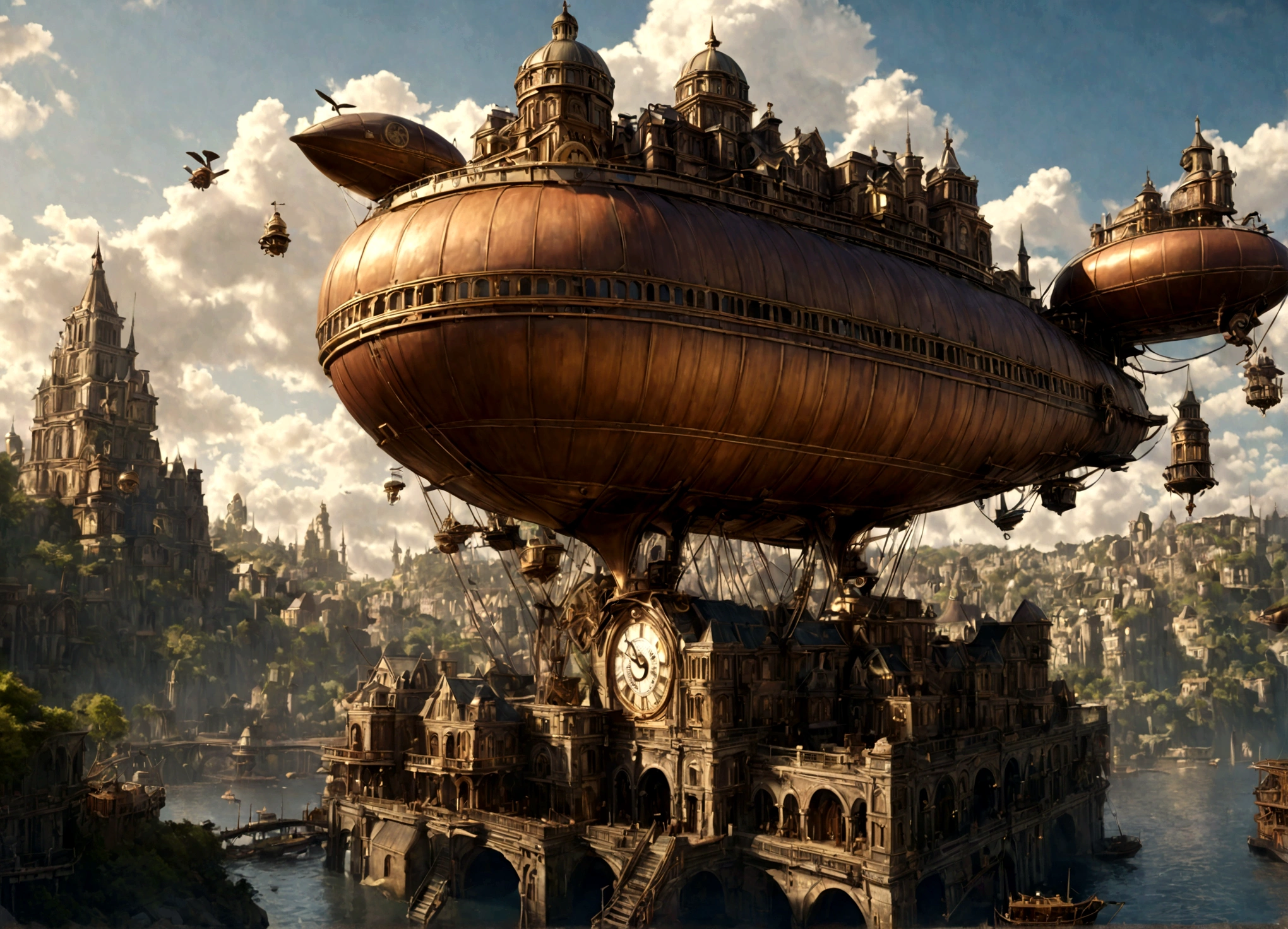 A beautiful clockwork airship city, steampunk, intricate gears and mechanisms, floating island city, airships, victorian era, brass and copper details, warm color palette, cinematic lighting, dramatic shadows, highly detailed, photorealistic, 8k, (best quality,4k,8k,highres,masterpiece:1.2),ultra-detailed,(realistic,photorealistic,photo-realistic:1.37)
