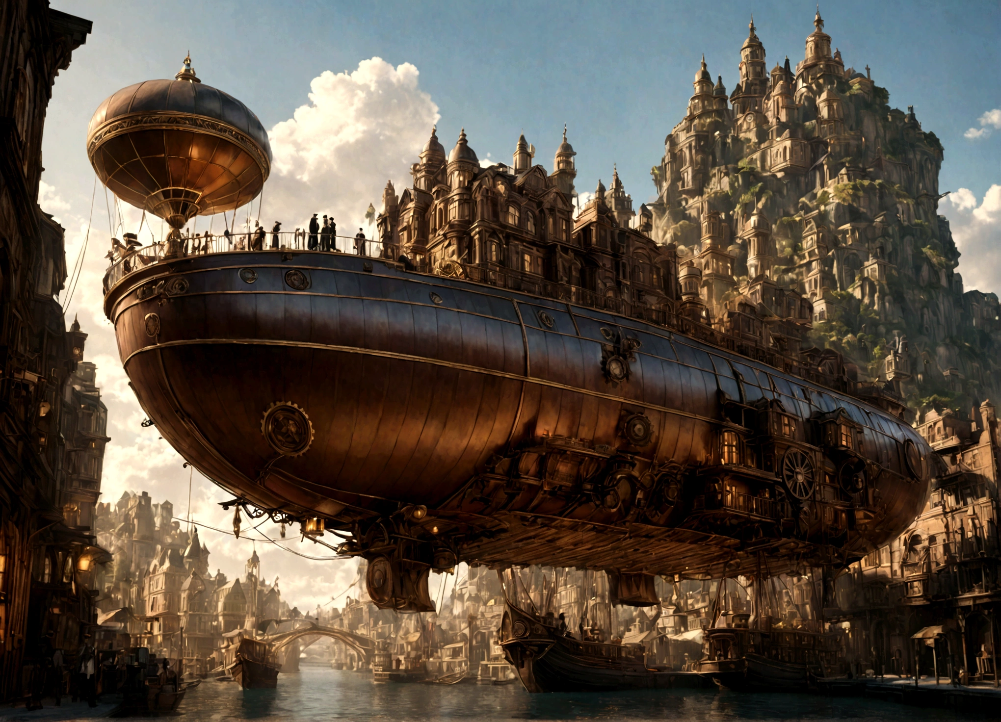 A beautiful clockwork airship city, steampunk, intricate gears and mechanisms, floating island city, airships, victorian era, brass and copper details, warm color palette, cinematic lighting, dramatic shadows, highly detailed, photorealistic, 8k, (best quality,4k,8k,highres,masterpiece:1.2),ultra-detailed,(realistic,photorealistic,photo-realistic:1.37)