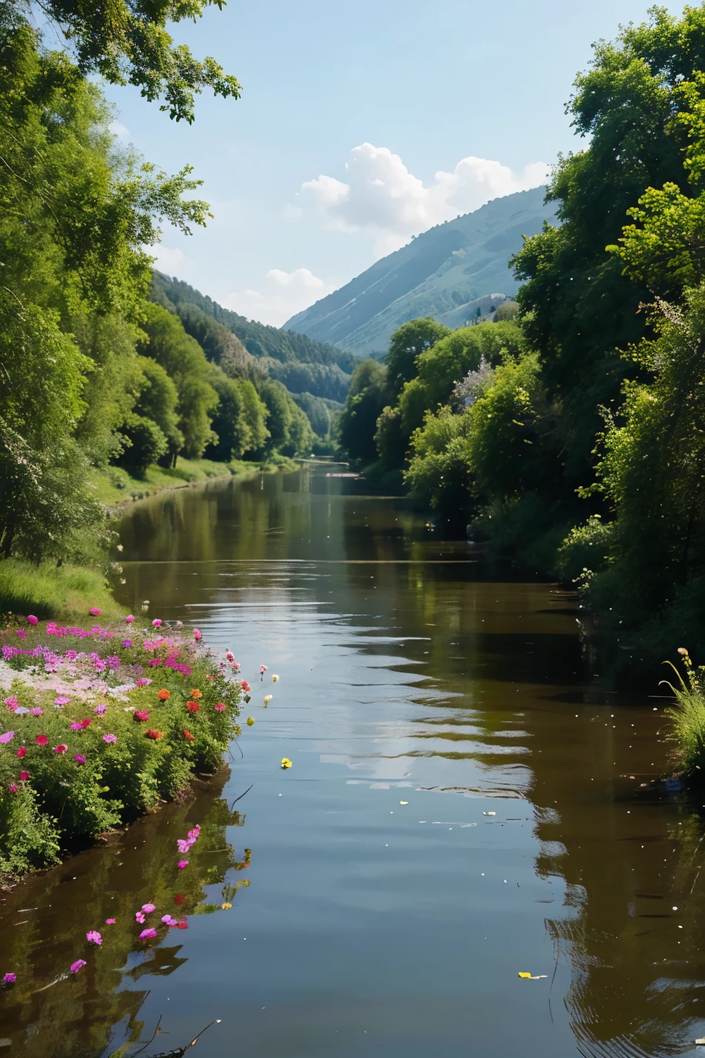 beautiful nature river view colorful flowers