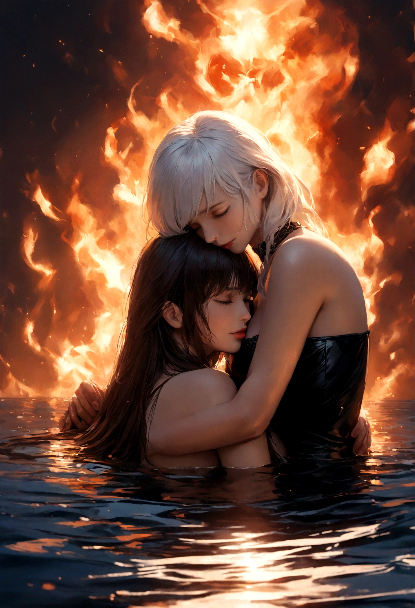 A man with white hair and a girl with dark hair lie on the water and embrace, while they are consumed by fire. gegensatz von Eis und Feuer, trending on instagram, masterpiece, photorealism, ultra high resolution