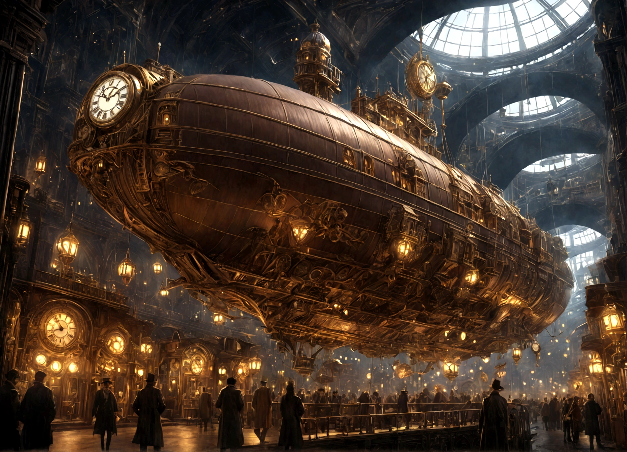 a beautiful clockwork airship city, steampunk, intricate clockwork mechanisms, ornate architecture, floating city, airships, copper and brass details, glowing lights, dramatic lighting, cinematic, highly detailed, masterpiece, photorealistic, 8k, hyperrealistic, concept art, digital painting