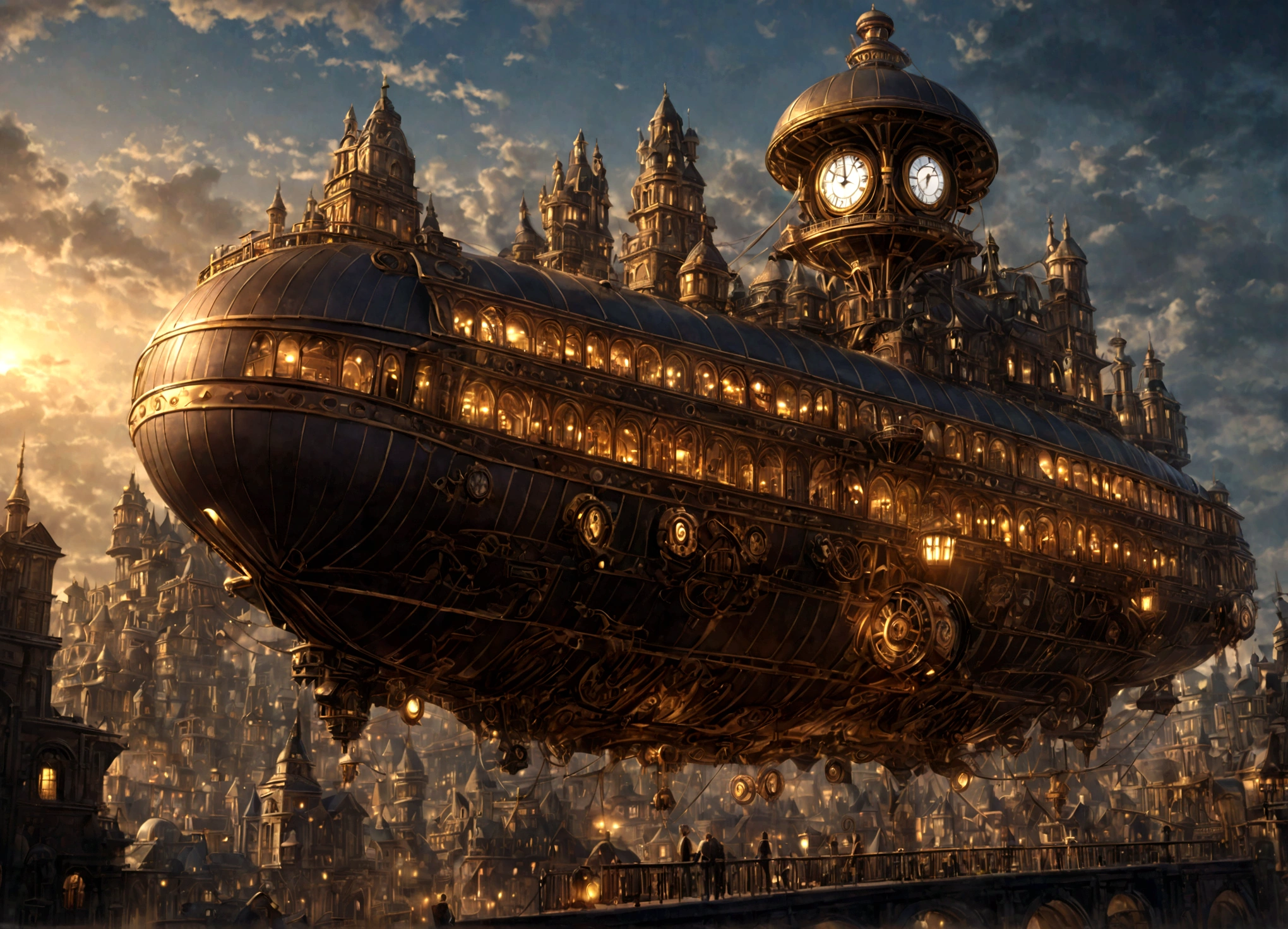 a beautiful clockwork airship city, steampunk, intricate clockwork mechanisms, ornate architecture, floating city, airships, copper and brass details, glowing lights, dramatic lighting, cinematic, highly detailed, masterpiece, photorealistic, 8k, hyperrealistic, concept art, digital painting