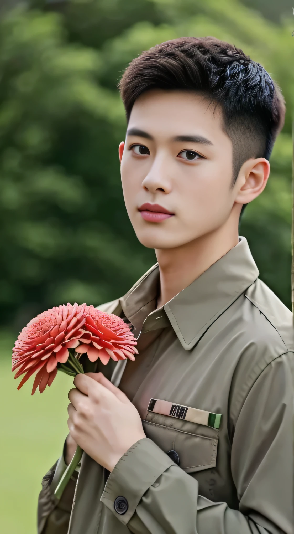 8k, (masterpiece), best quality, 2d, 20 year old boy,Brother Bing,Wear training uniform,Very short hair,Wearing a full set of military green camouflage uniforms, Outdoor meadow background, Upper body unobstructed photos,Green Clothing,Southeast Asian Soldiers,Frontal orientation,Face the screen,Eyes looking at the camera,Holding carnation flowers,Happy Mother's Day,Holding a big pink flower in hand,Pink large flowers,