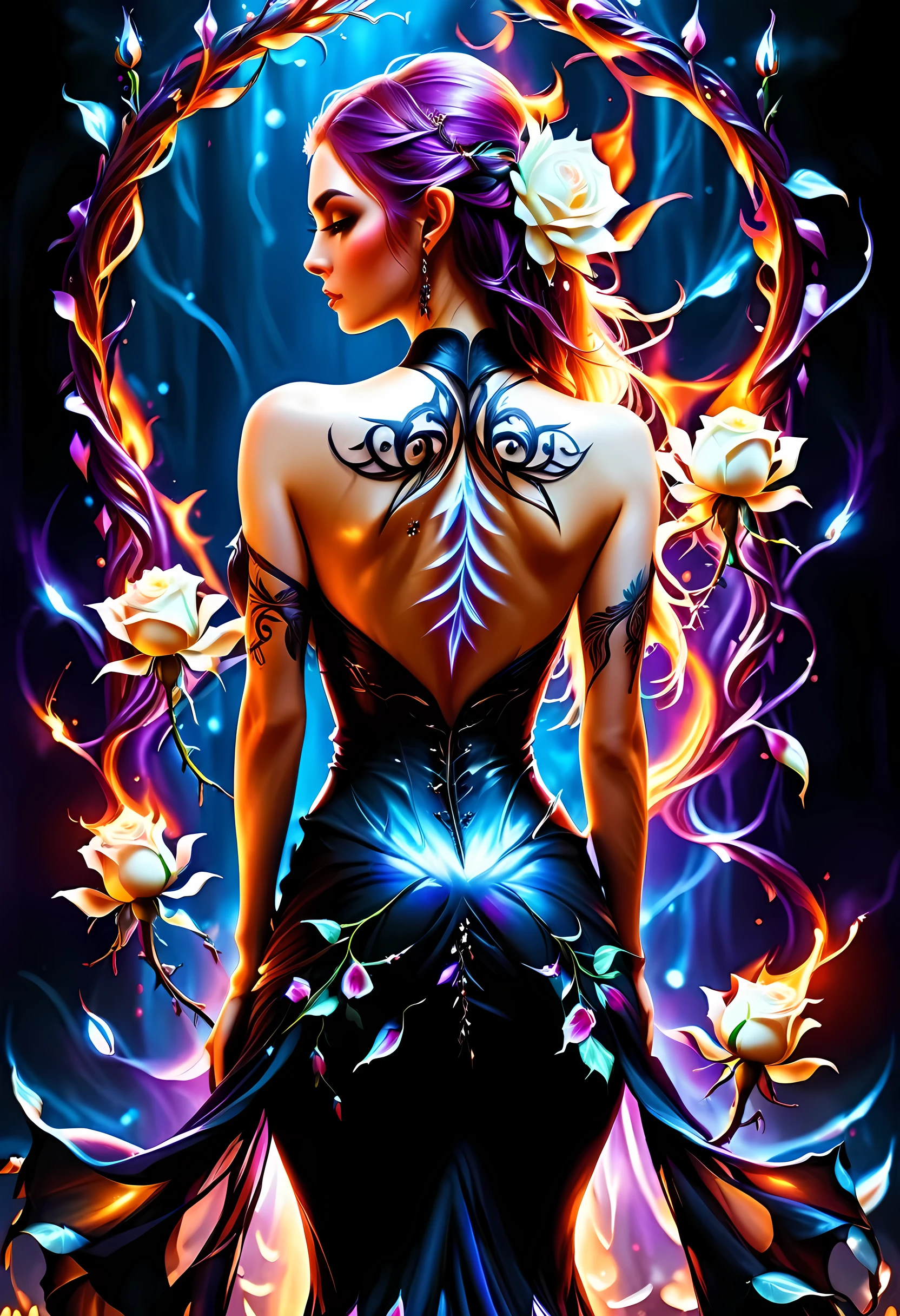 Arafed, Dark fantasy art, fantasy art, goth art, a picture of a tattoo on the back of a female elf, a glowing tattoo of a ((white rose: 1.3)) on the elf's back, the ((rose tattoo)) is vivid, intricate detailed coming to life from the ink to real life, GlowingRunesAI_purple, ((fire surrounds the rose petals: 1.5)), shot taken from the back, ((the back is visible: 1.3), she wears a transparent  black dress, bare back, the dress is elegant, flowing, elven style, that the (tattoos glow: 1.1), dynamic hair color, dynamic hair style, faize,roses, betmd
