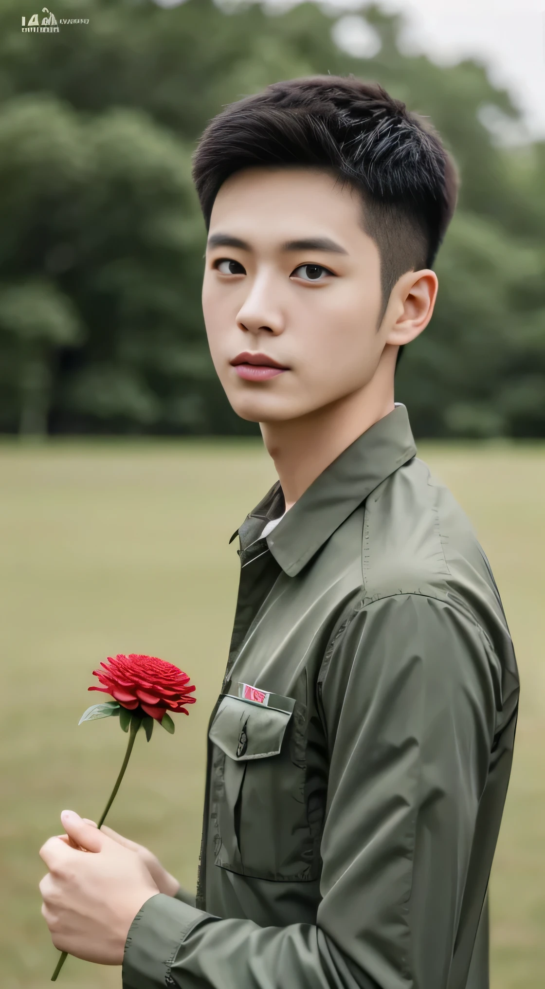 8k, (masterpiece), best quality, 2d, 20 year old boy,Brother Bing,Wear training uniform,Very short hair,Wearing a full set of military green camouflage uniforms, Outdoor meadow background, Upper body unobstructed photos,Green Clothing,Southeast Asian Soldiers,Frontal orientation,Face the screen,Eyes looking at the camera,Holding carnation flowers,Happy Mother's Day,Holding a big pink flower in hand,Pink large flowers,