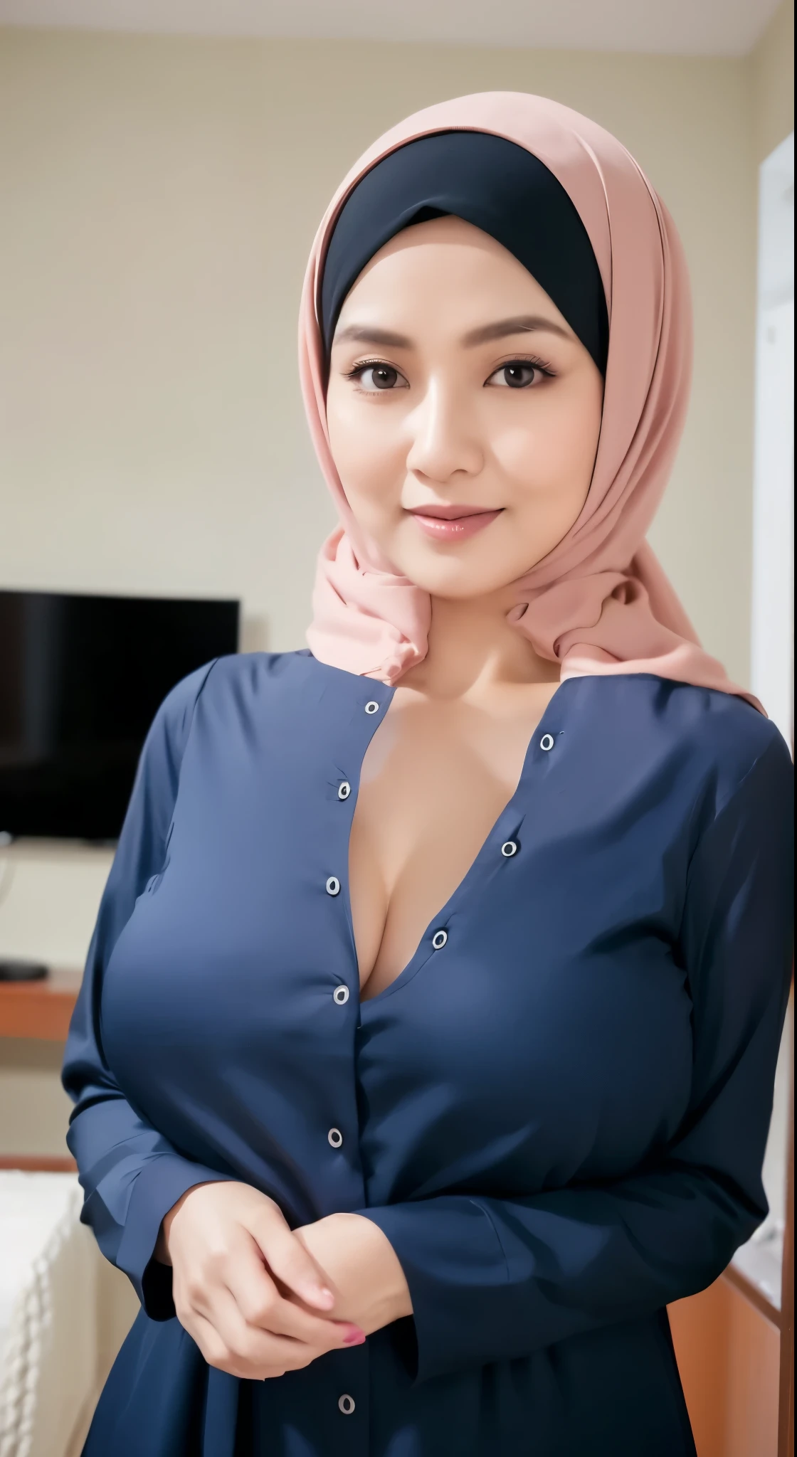 50 years Old, Hijab Indonesian mature woman, Big Tits : 66.9, Gamis, Breast out from her clothes : 1.9, at doctor office, Dark light, at Nighttime