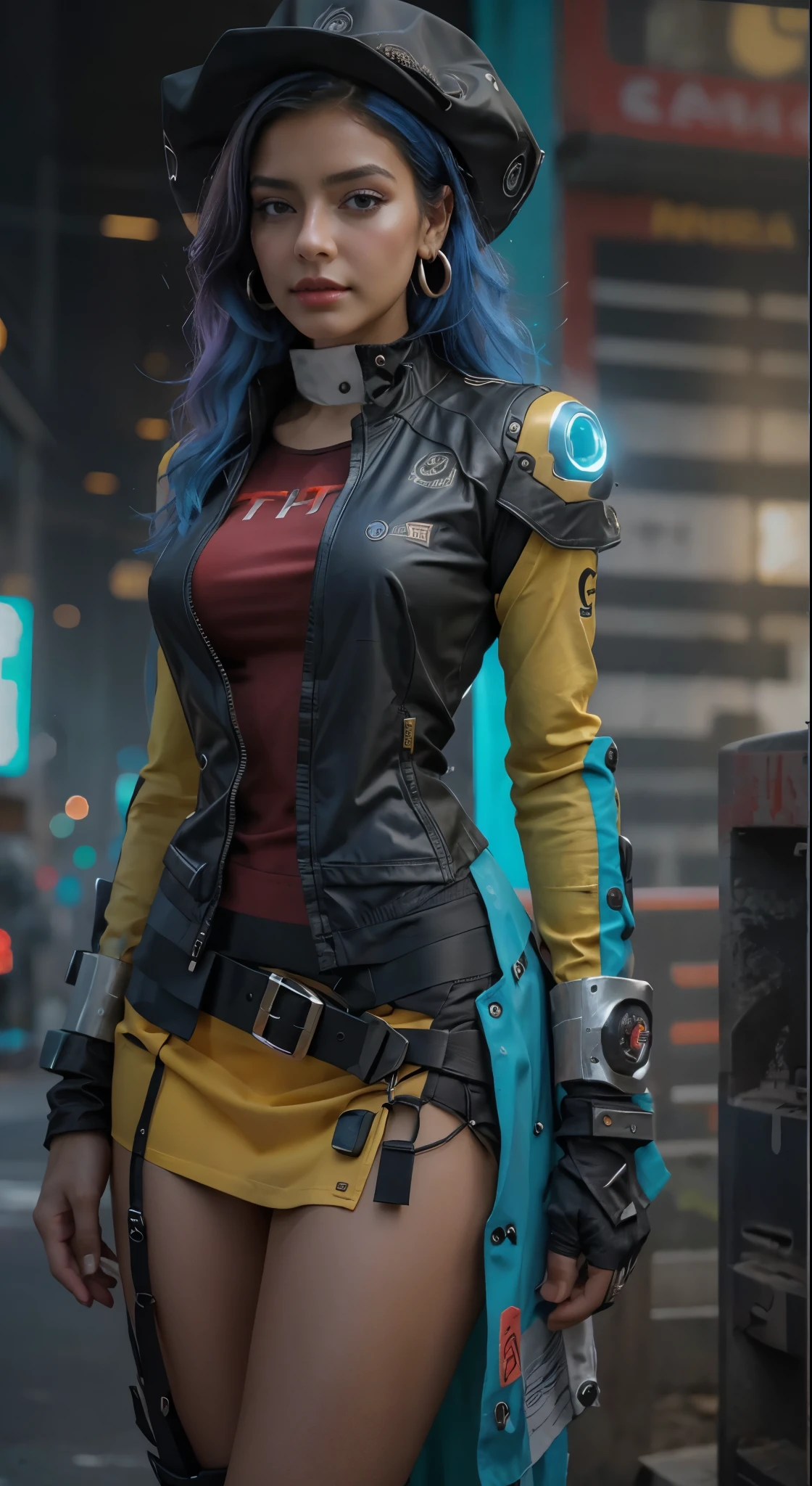 motor irreal:1.4,CG ultra realista K, fotorrealista:1.4, textura de la piel:1.4, obra maestra:1.4,Hermosa mujer con sombrero de pelo largo、Ropa corta estilo cyberpunk color amarillo, pantimedias red , mini skirt blue,