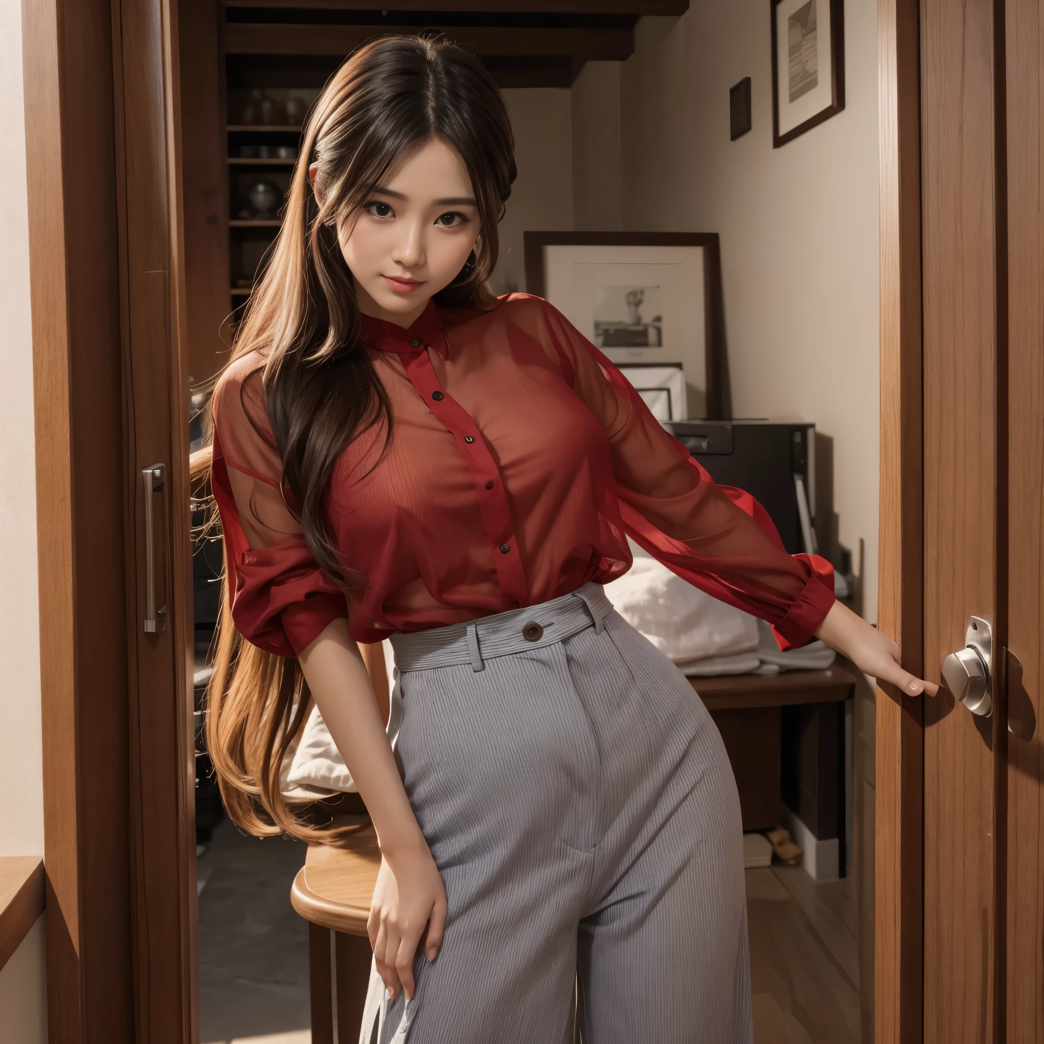 a woman in a red transparent shirt posing for a picture, s-t-2