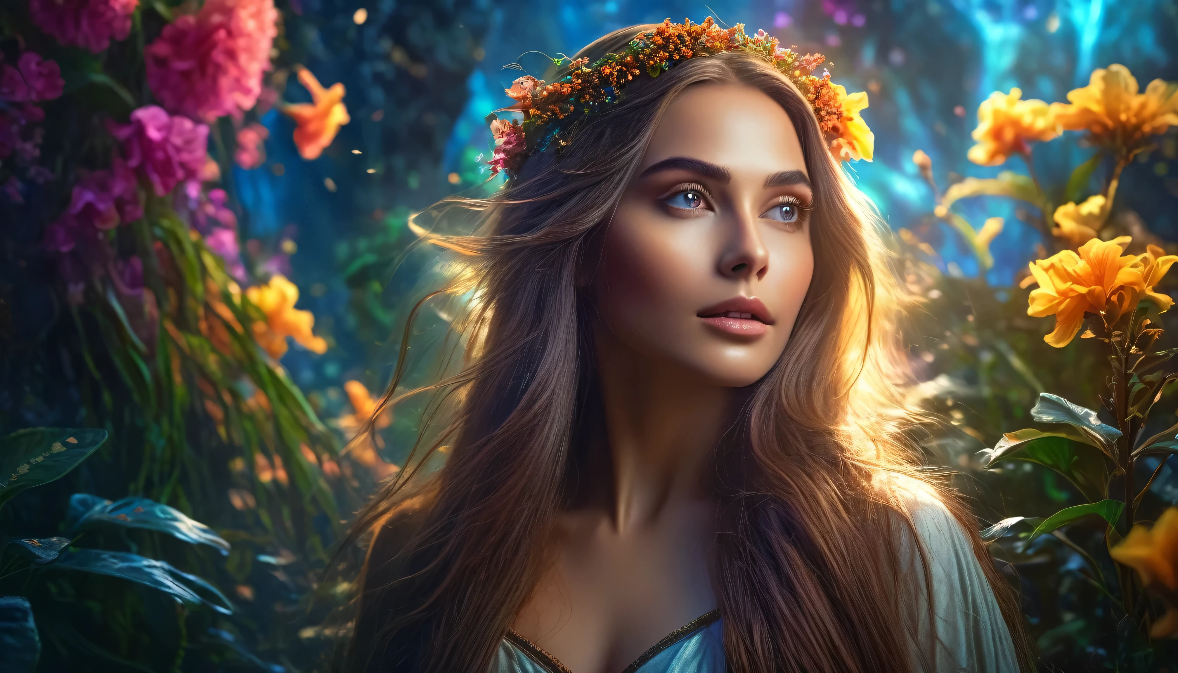 A beautiful woman in a mystical scene, detailed face, glowing eyes, long flowing hair, ethereal atmosphere, dramatic lighting, mystical flowers and plants, fantasy landscape, cinematic, vibrant colors, digital art, (best quality,4k,8k,highres,masterpiece:1.2),ultra-detailed,(realistic,photorealistic,photo-realistic:1.37),fantasy,cinematic lighting,dramatic