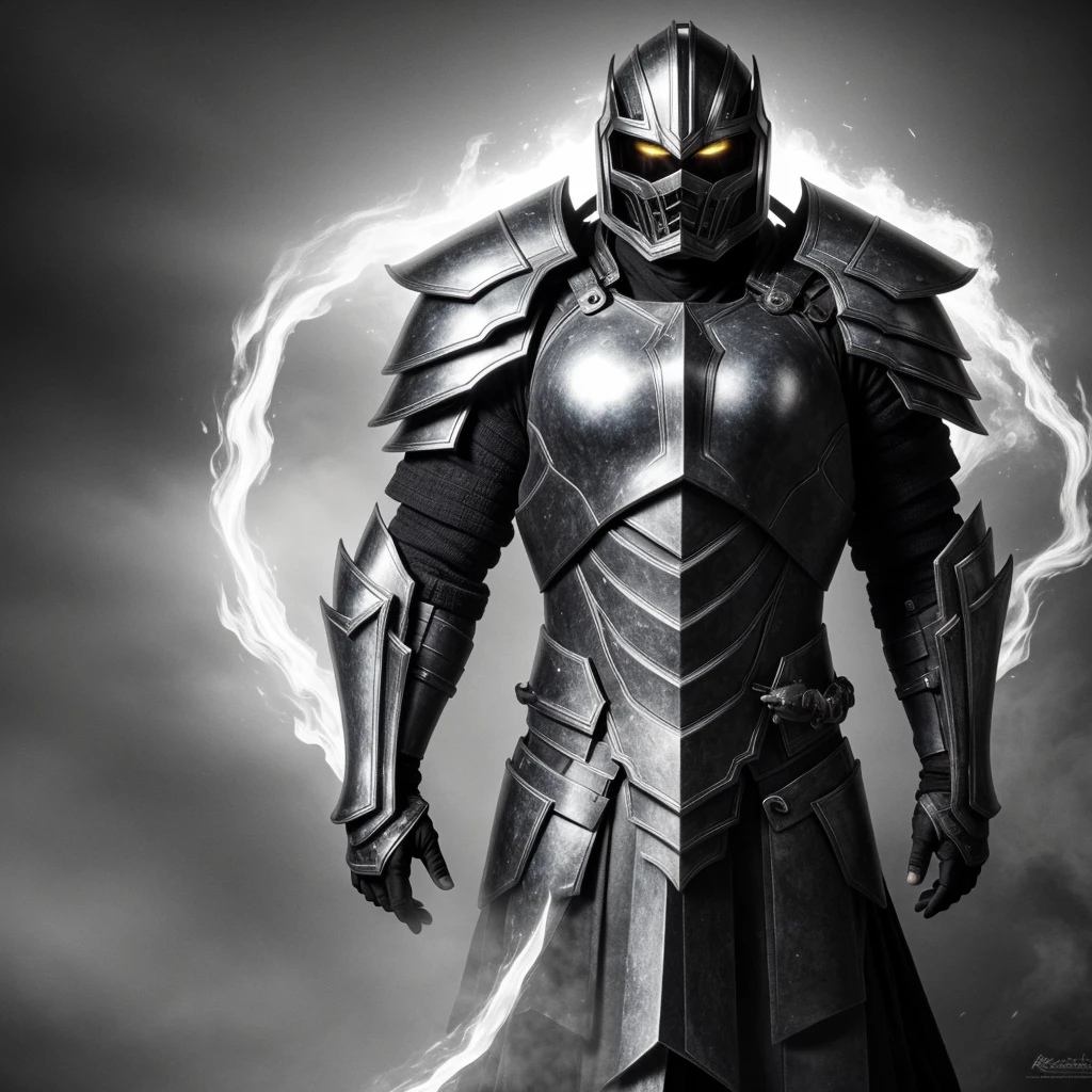 powerful big armor
masterpiece, highly detailed 8k photorealistic raw photography, best quality, low lighting and shadows a man with spectral armor of black and white tones, surrounded by a mysterious and enigmatic aura, spectral background, white eyes, white fire comes out of his armor, black and white fire comes out around the armor, the armor is black and white , the background is an abyss with color, the armor is wearing a long tunic, the armor is large, tall and burly, spectral magic around