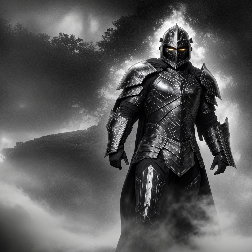 powerful big armor
masterpiece, highly detailed 8k photorealistic raw photography, best quality, low lighting and shadows a man with spectral armor of black and white tones, surrounded by a mysterious and enigmatic aura, spectral background, white eyes, white fire comes out of his armor, black and white fire comes out around the armor, the armor is black and white , the background is an abyss with color, the armor is wearing a long tunic, the armor is large, tall and burly, spectral magic around
