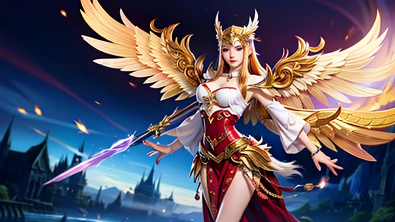 best quality)), ((masterpiece)), (detailed), Top quality、Top image quality、masterpiece，Perfect body， Exquisite and detailed facial features，，Full body shot，A woman in a golden costume with wings,Bikini， Angel Gold Armor, majestic angel, angel knight girl, Final Fantasy Tactics Characters, mystical atlantean valkyrie, Mysterious Valkyrie, Blazing Angel, Maple Leaf Story Character Art, With blazing golden wings, Golden Wings, April renderings, Mysterious Valkyrie, A woman in a golden costume with wings的特写, Best Bust、Optimal waist-hip ratio，Best Body Golden Ratio Concept Art Inspired by PwC, Baroque, Angel Gold Armor, majestic angel, angel knight girl, Final Fantasy Tactics Characters, mystical atlantean valkyrie, Mysterious Valkyrie, Blazing Angel, Maple Leaf Story Character Art, With blazing golden wings, Golden Wings, Battle with orcs，Photographic lenses，Ultra wide-angle lens，First person，