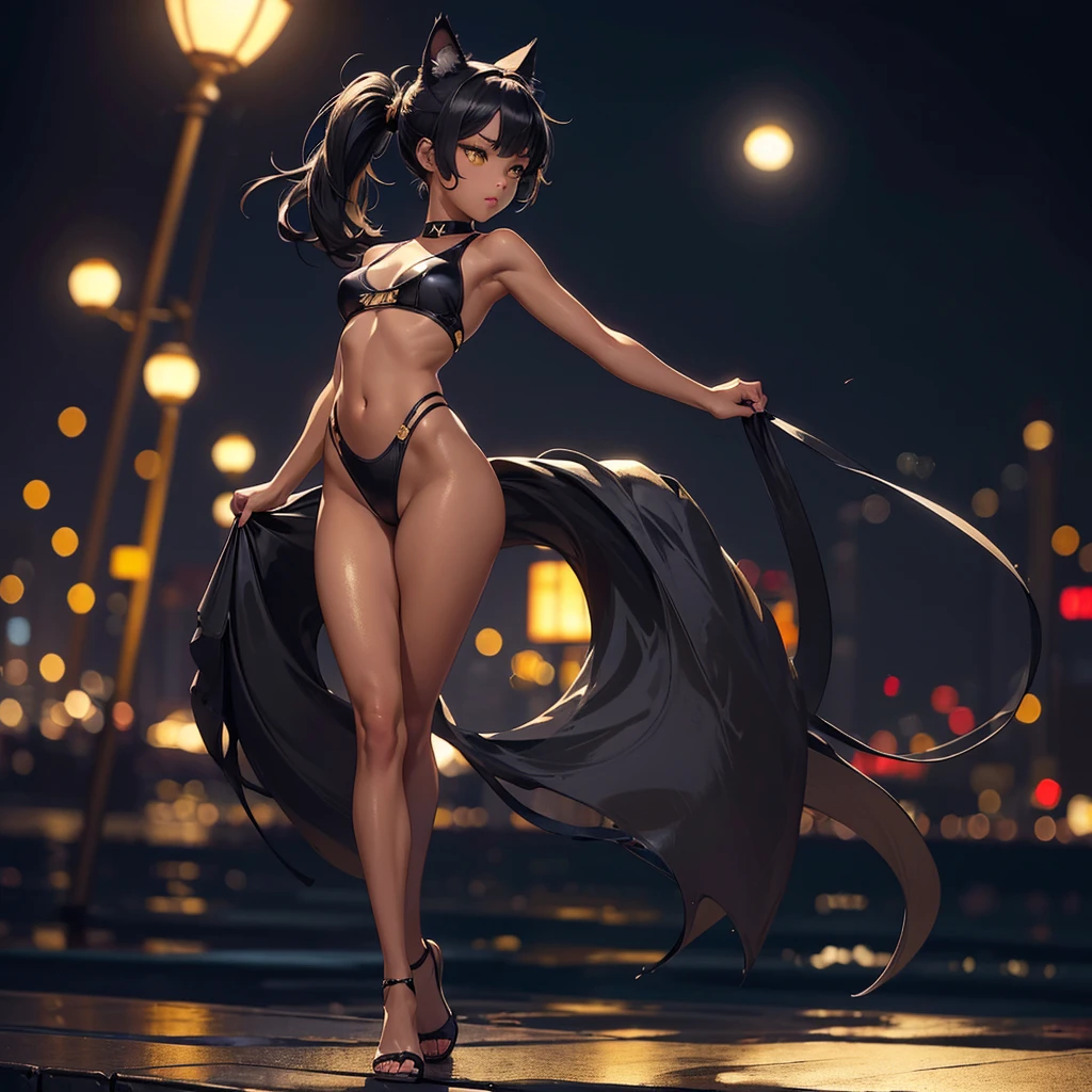 (high resolution, full body, soft skin:1.2),(best illustration,masterpiece:1.2),ultra-detailed,[(cat ears , black inside:1.2, black ponytail hair, gold eyes, cat eyes, dark skin),vivid colors,sharp focus,studio lighting,bokeh, wearing a WHITE Plunge One Piece Swimsuit, pier at night background