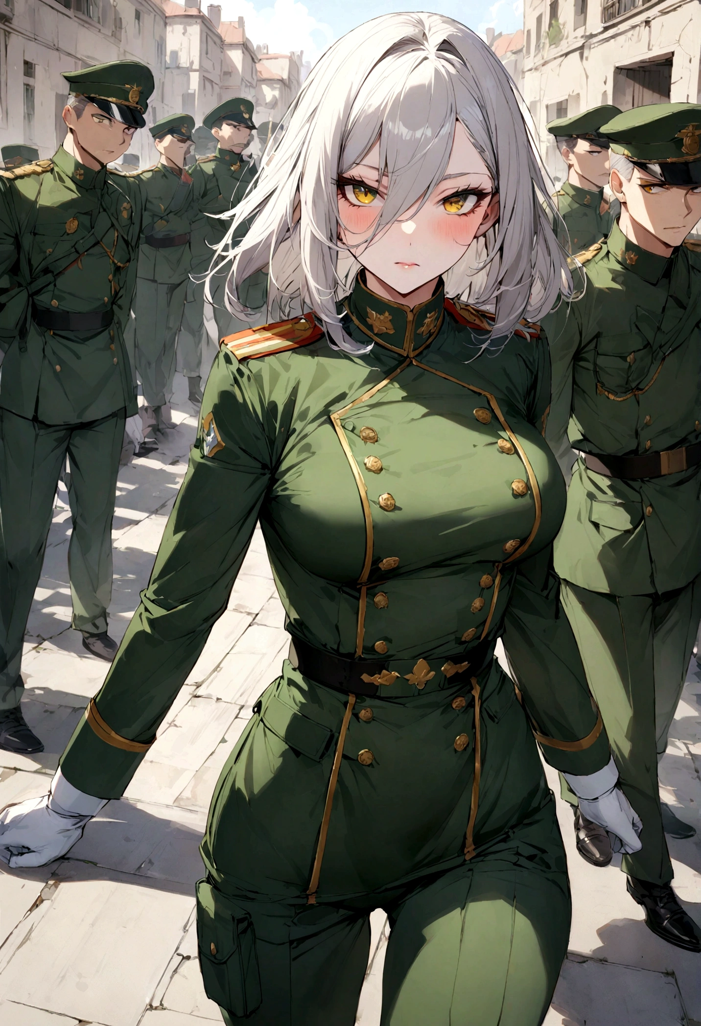 silver hair, yeux verts, regard coquin, militaire