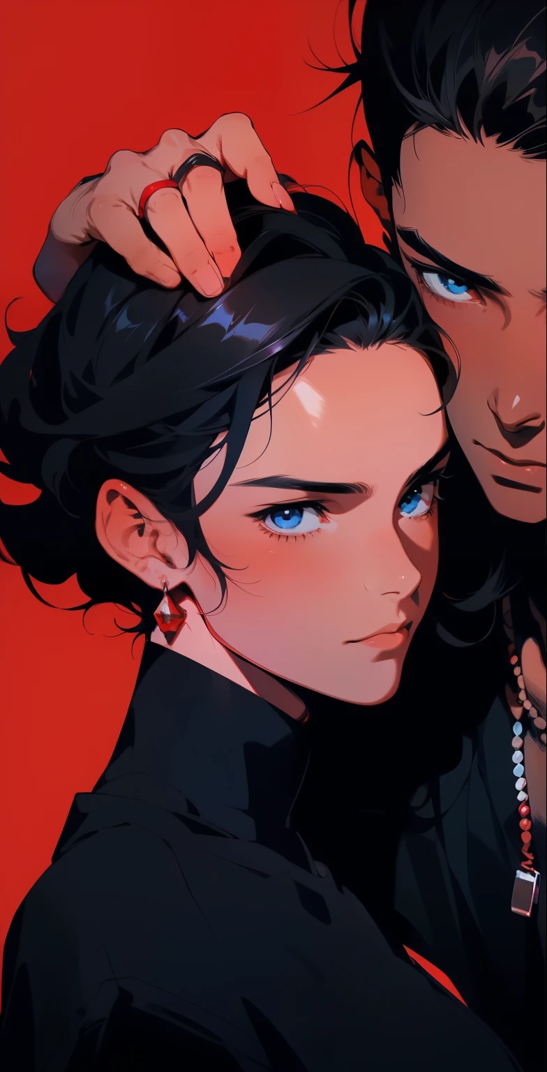 Close up of a man with black hair and red background,  Tall anime guy with blue eyes, Anime portrait of a handsome man, He grabbed a girl in red，Put your hands on the girl's head