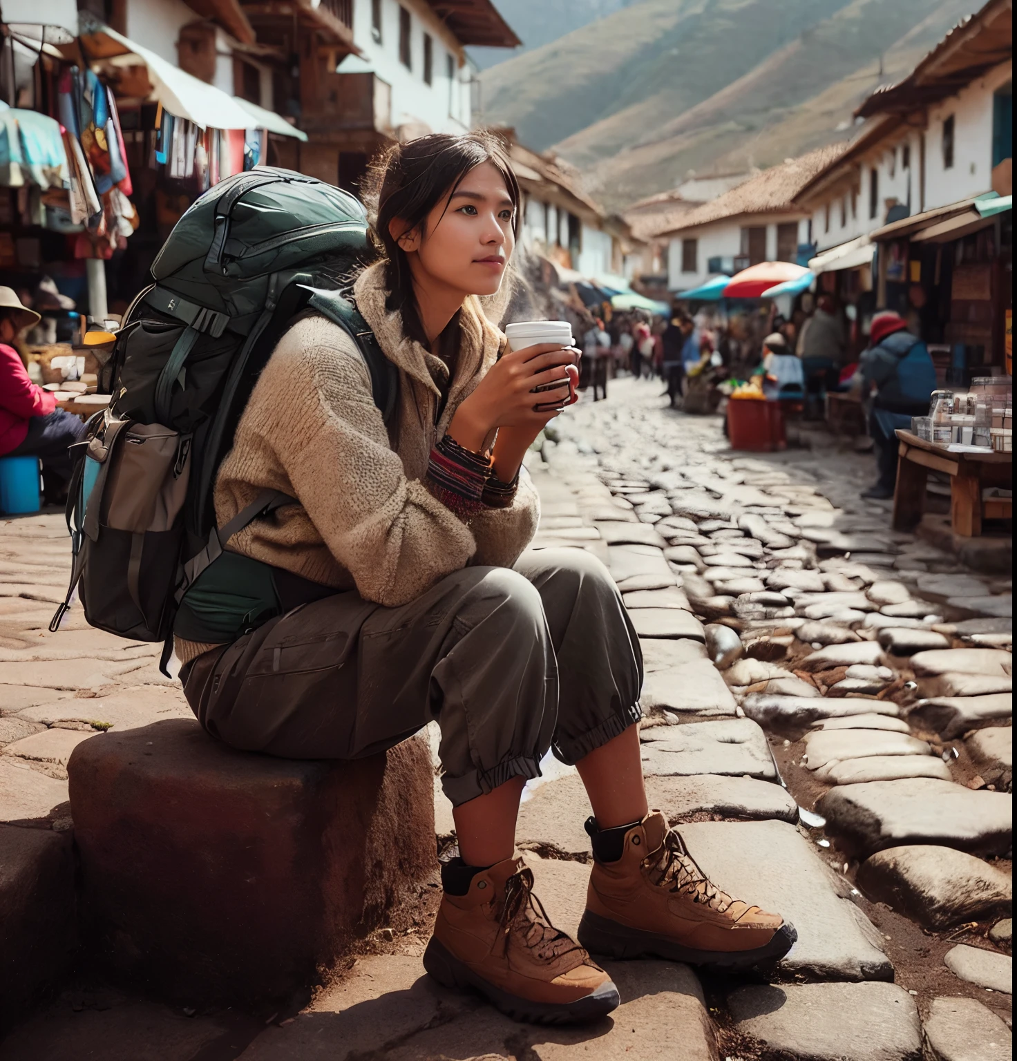 Street scenery, zoom in to One Peru Girl mountaineer in peru costume, she sit at the roadside kerb with backpack at her side, with one hand holding a coffee cup, at village near Cusco peru. She enjoying coffee & looking around, in a open courtyard full of food stalls, live stock market, groceries shops and cafes, messy narrow lanes and wetty cobblestone paved road, stone built pre-Columbian architecture surrounding, street full of crowd of native around. morning coffee, sunrise moment, dusky, Anatomically correct, Textured skin, natural lighting, f/16mm, fujifilm G FUX 50R, Regina Display, Super Detail, Attention to detail,