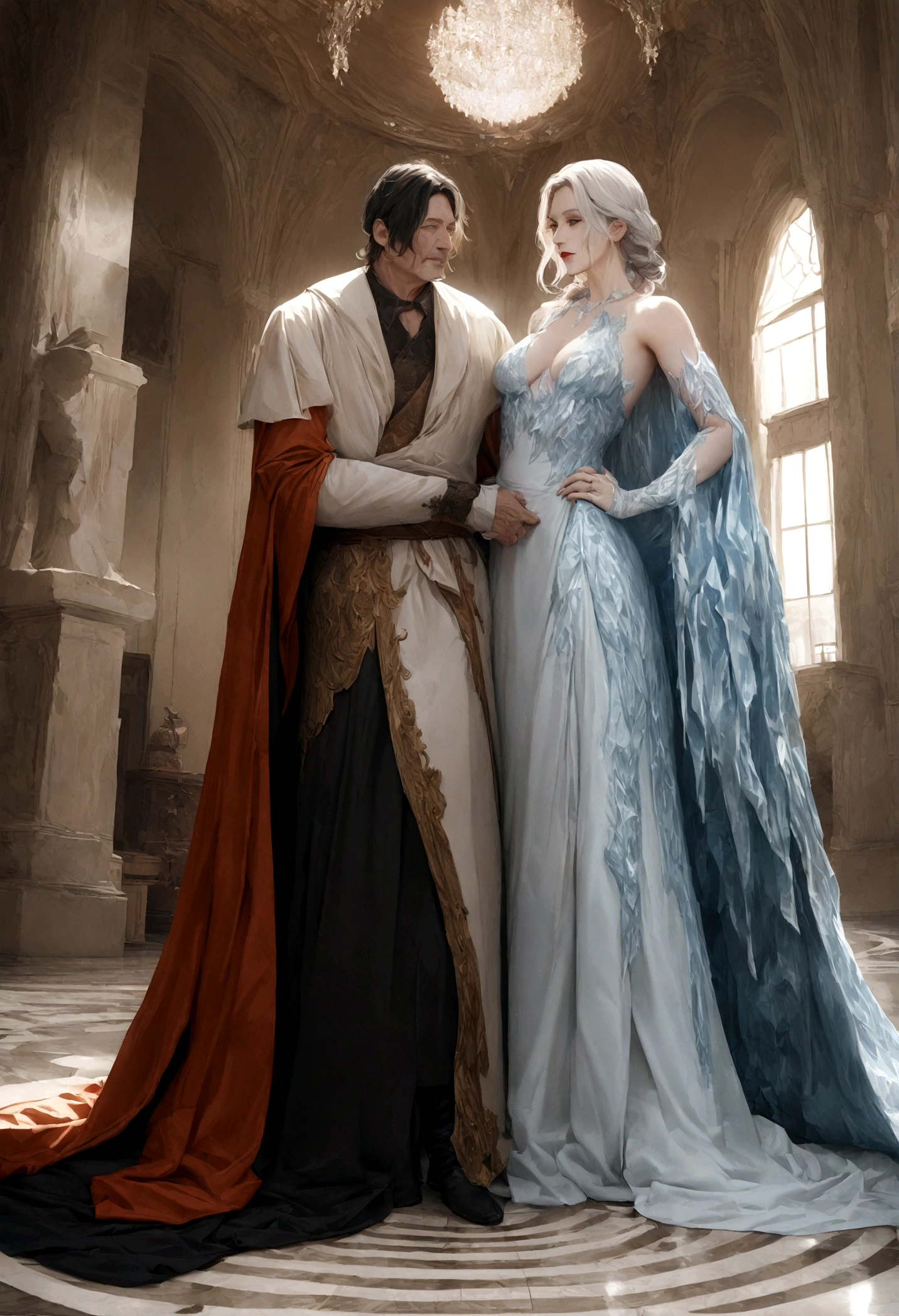 A 50-year-old man with white hair made of ice in the style of Game of Thrones and a beautiful 30-year-old woman made of fire with dark hair embrace, um sie herum tobt ein Sturm aus Eiseund Feuer, gegensatz von Eis und Feuer, trending on instagram, masterpiece, photorealism, ultra high resolution