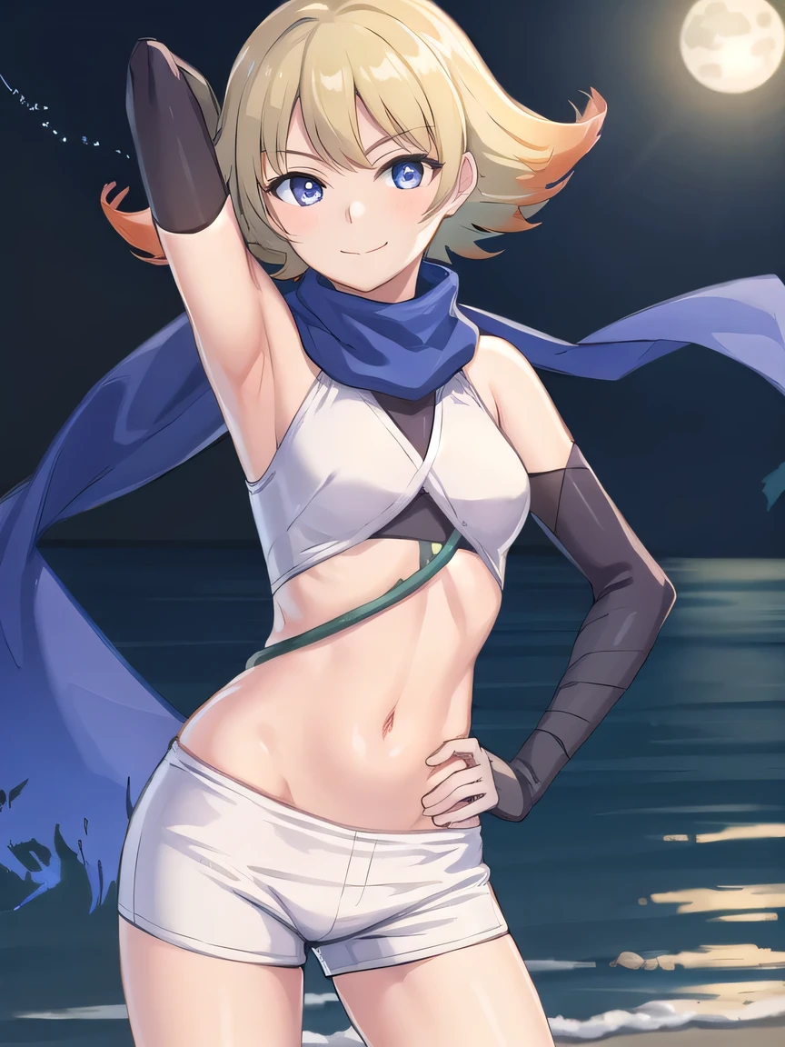 (extremely detailed CG), (best quality), 1girl,solo perfect face, shiny skin, lustrous skin, PhosphoraKid,elbow gloves ,sleeveles shirt,blue eyes,short shorts, detached sleeves,orange hair,gradient hair,bare shoulders,blonde hair, multicolored hair, scarf, blue scarf, midriff, looking at viewer, closed mouth, solo, night sky, beach, arm behind head, hand on hip, contrapposto, spread armpits, looking at viewer, best quality, portrait, smile, (cowboy shot:1.5)
smile., blushed