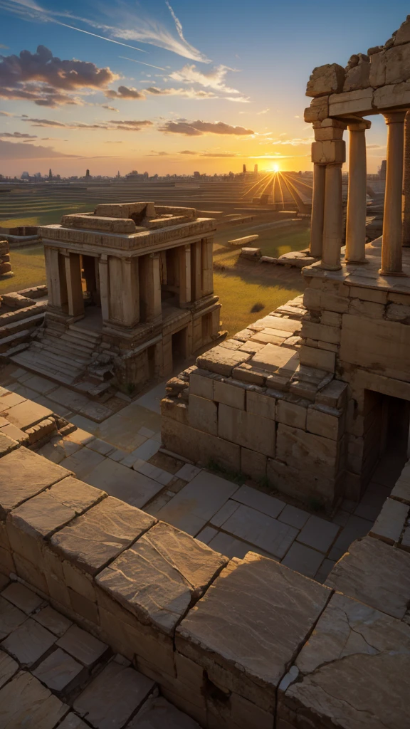 Modern view of ancient Sumerian ziggurat ruins with sunset in the background