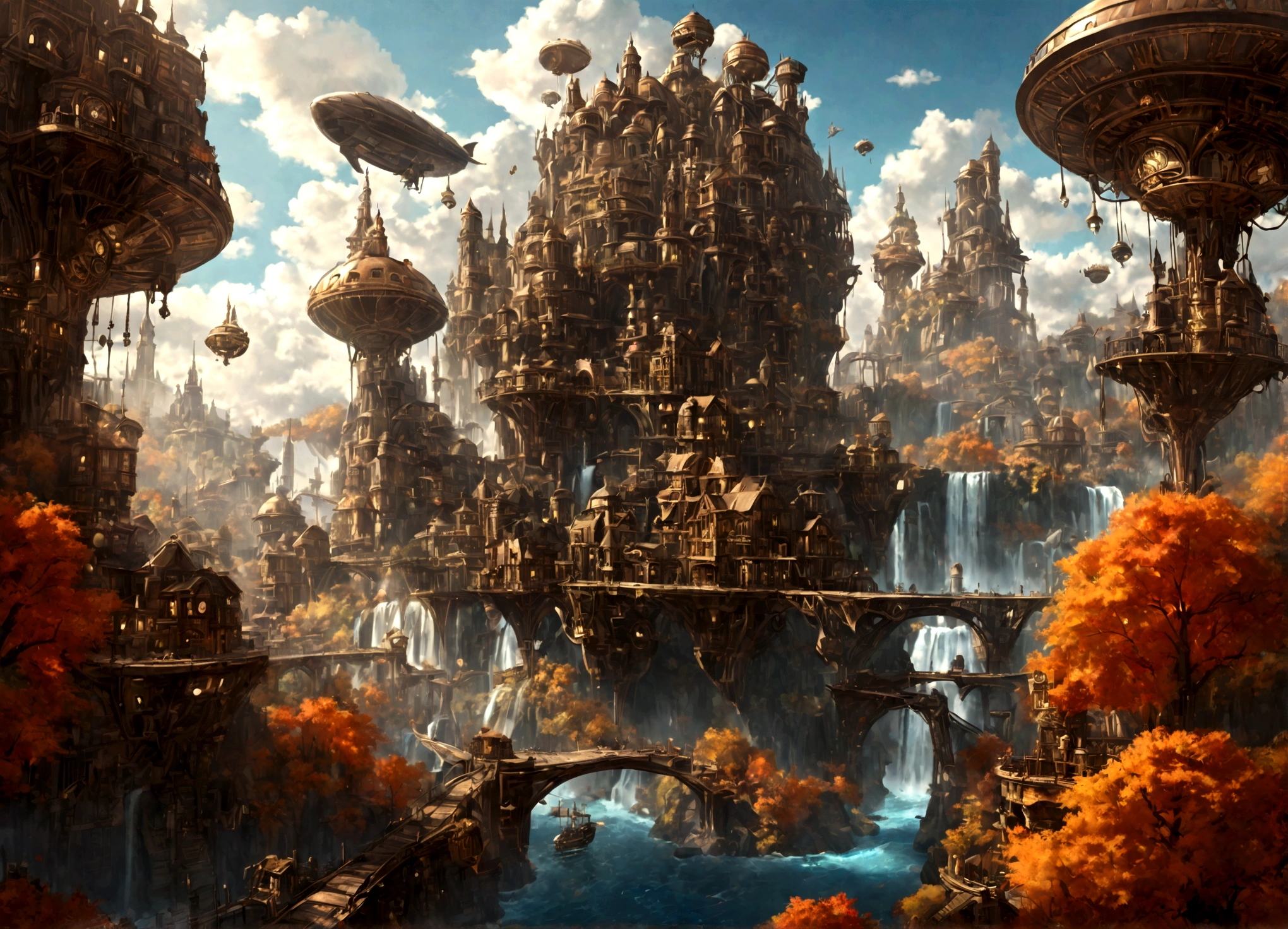 a beautiful steampunk clockwork city with small airships all around, pleasant beautiful day, with floating islands and waterfalls everywhere surrounded by an autumn themed forest