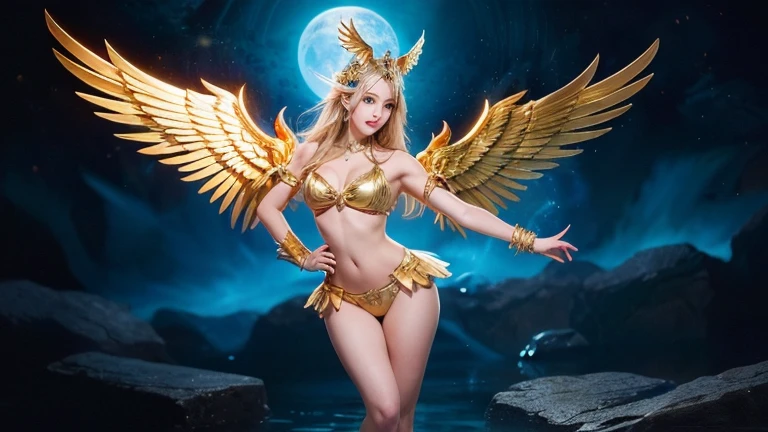 best quality)), ((masterpiece)), (detailed), Top quality、Top image quality、masterpiece，Perfect body， Exquisite and detailed facial features，，Full body shot，A woman in a golden costume with wings,Bikini， Angel Gold Armor, majestic angel, angel knight girl, Final Fantasy Tactics Characters, mystical atlantean valkyrie, Mysterious Valkyrie, Blazing Angel, Maple Leaf Story Character Art, With blazing golden wings, Golden Wings, April renderings, Mysterious Valkyrie, A woman in a golden costume with wings的特写, Best Bust、Optimal waist-hip ratio，Best Body Golden Ratio Concept Art Inspired by PwC, Baroque, Angel Gold Armor, majestic angel, angel knight girl, Final Fantasy Tactics Characters, mystical atlantean valkyrie, Mysterious Valkyrie, Blazing Angel, Maple Leaf Story Character Art, With blazing golden wings, Golden Wings, Battle with orcs，Photographic lenses，Ultra wide-angle lens，First person，